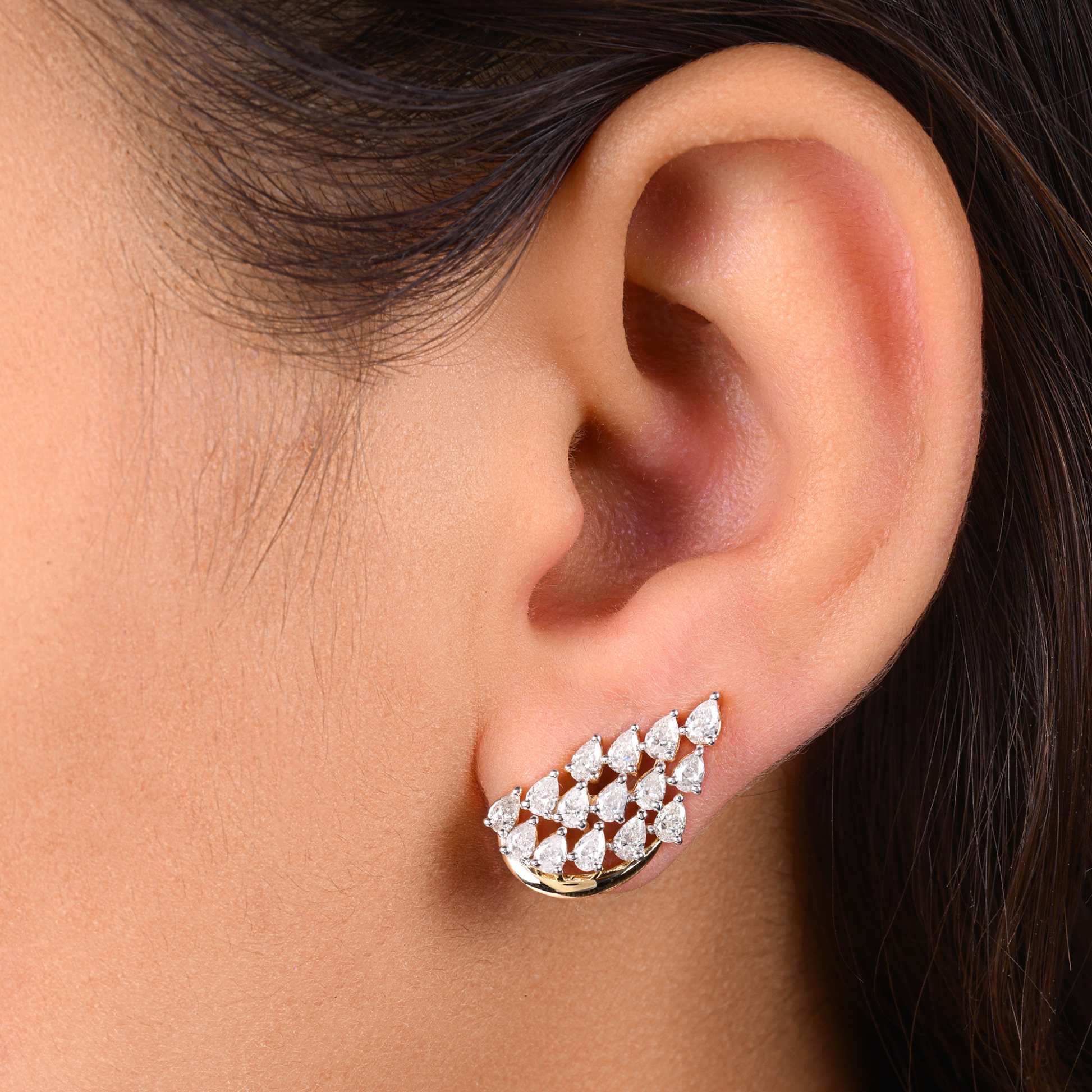 Leaf Pear Cut Design Cluster Natural Diamond Gold Stud Earrings