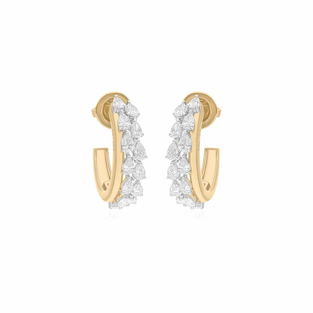 18k Gold Pear Cut Diamond Double Row Huggie Hoop Earrings 2.15 Ct SI/H