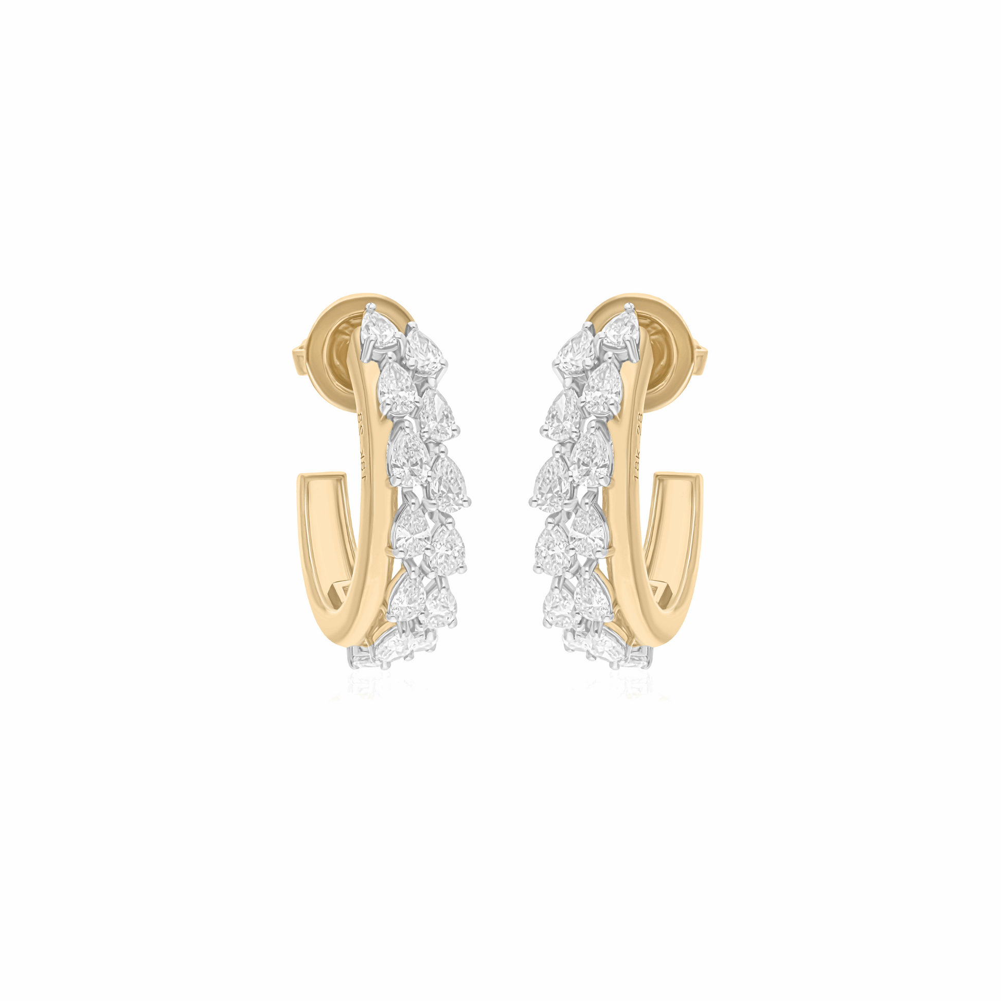 18k Gold Pear Cut Diamond Double Row Huggie Hoop Earrings 2.15 Ct SI/H