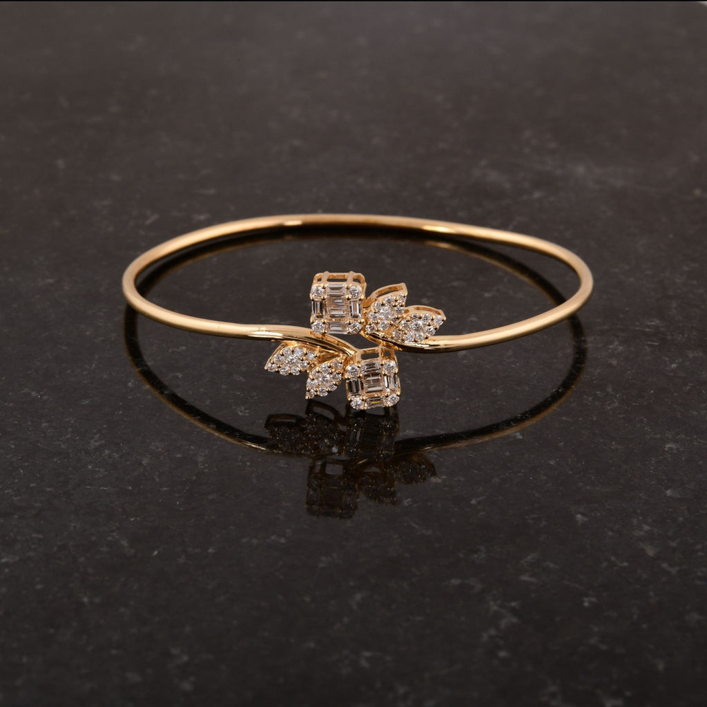 Minimalist Baguette & Round Cut Diamond Sleek Real Diamond Cuff Gold Bangle Bracelet