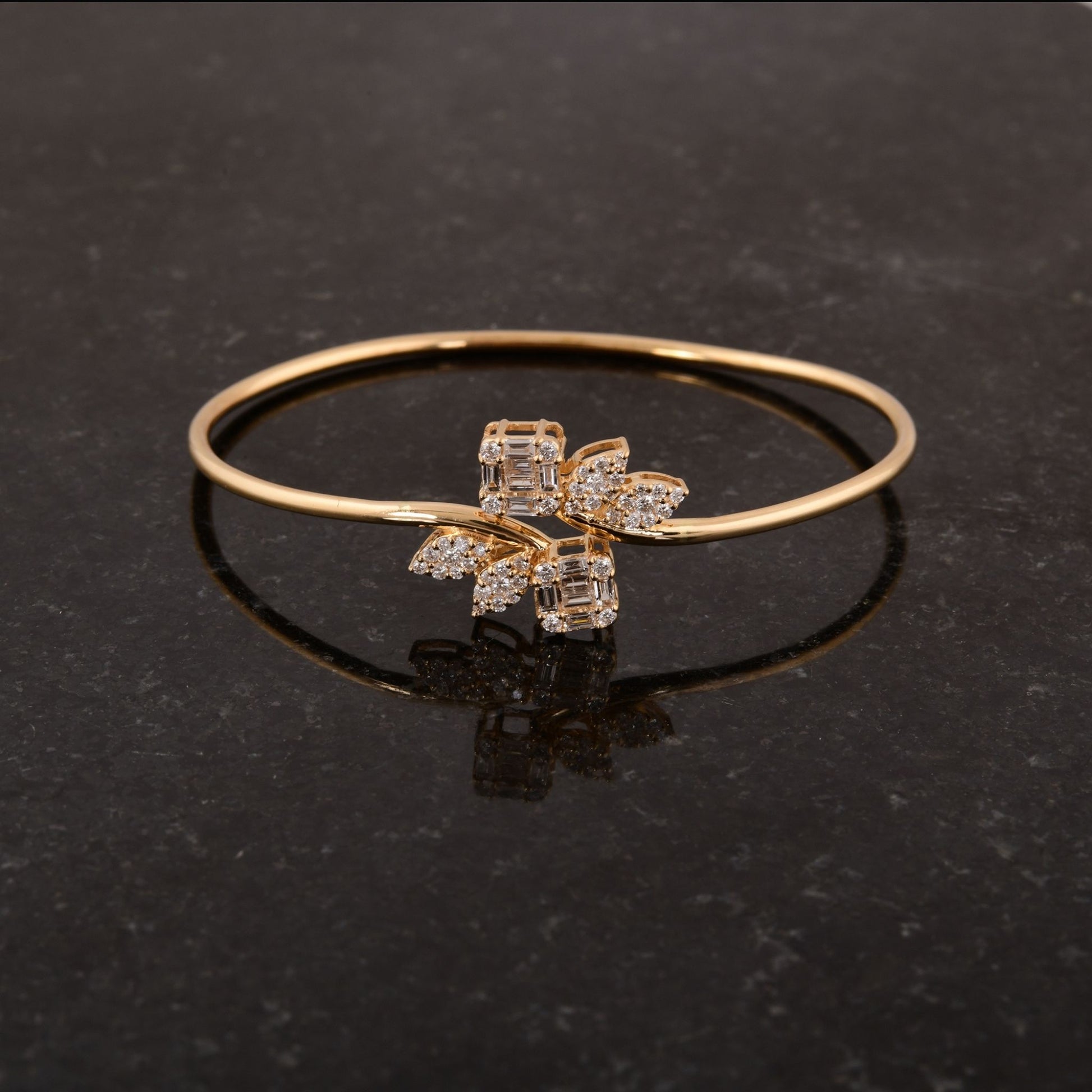 Minimalist Baguette & Round Cut Diamond Sleek Real Diamond Cuff Gold Bangle Bracelet