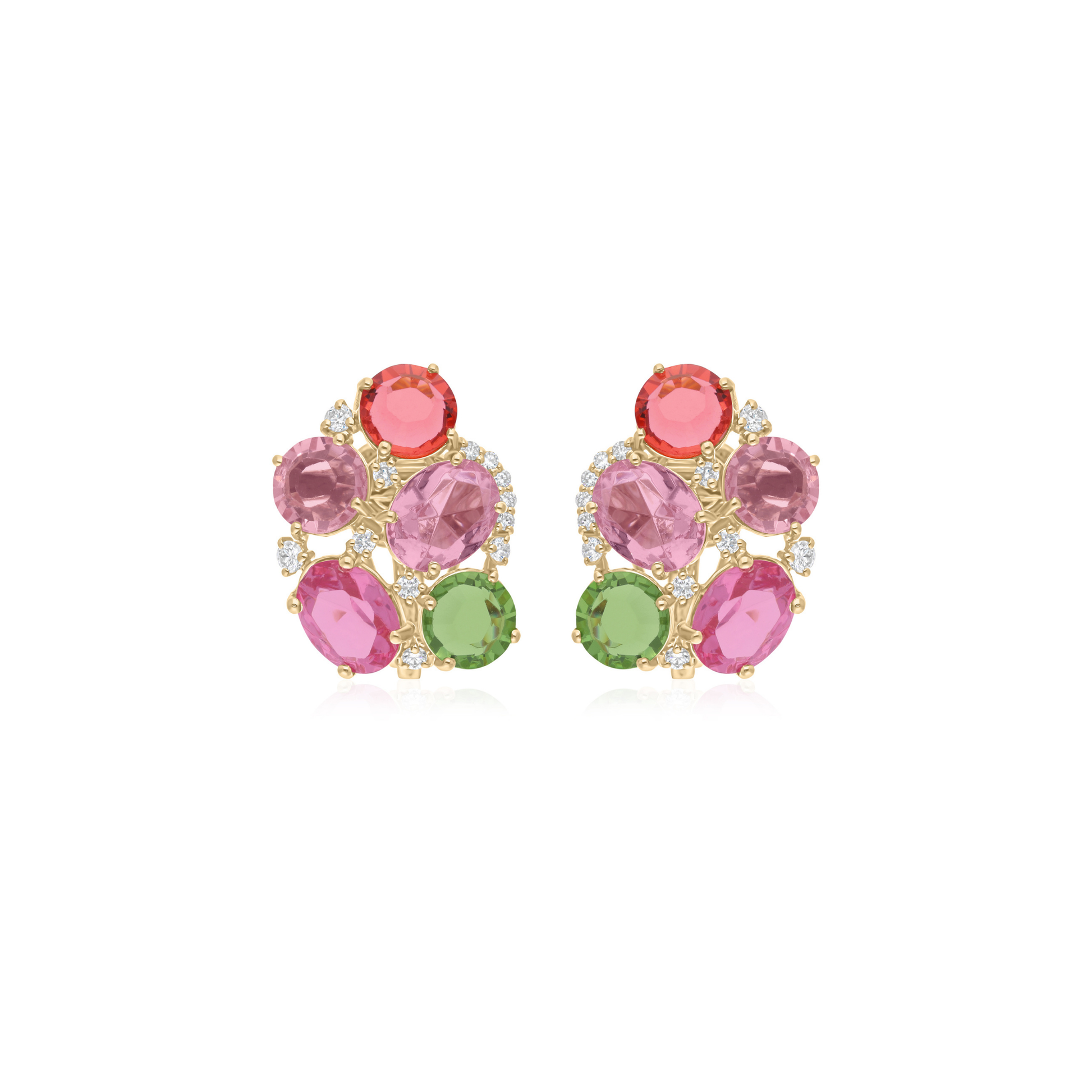 Gold 10.42Ct. Round & Oval Cut Multicolor Gemstone Cluster Stud Earrings