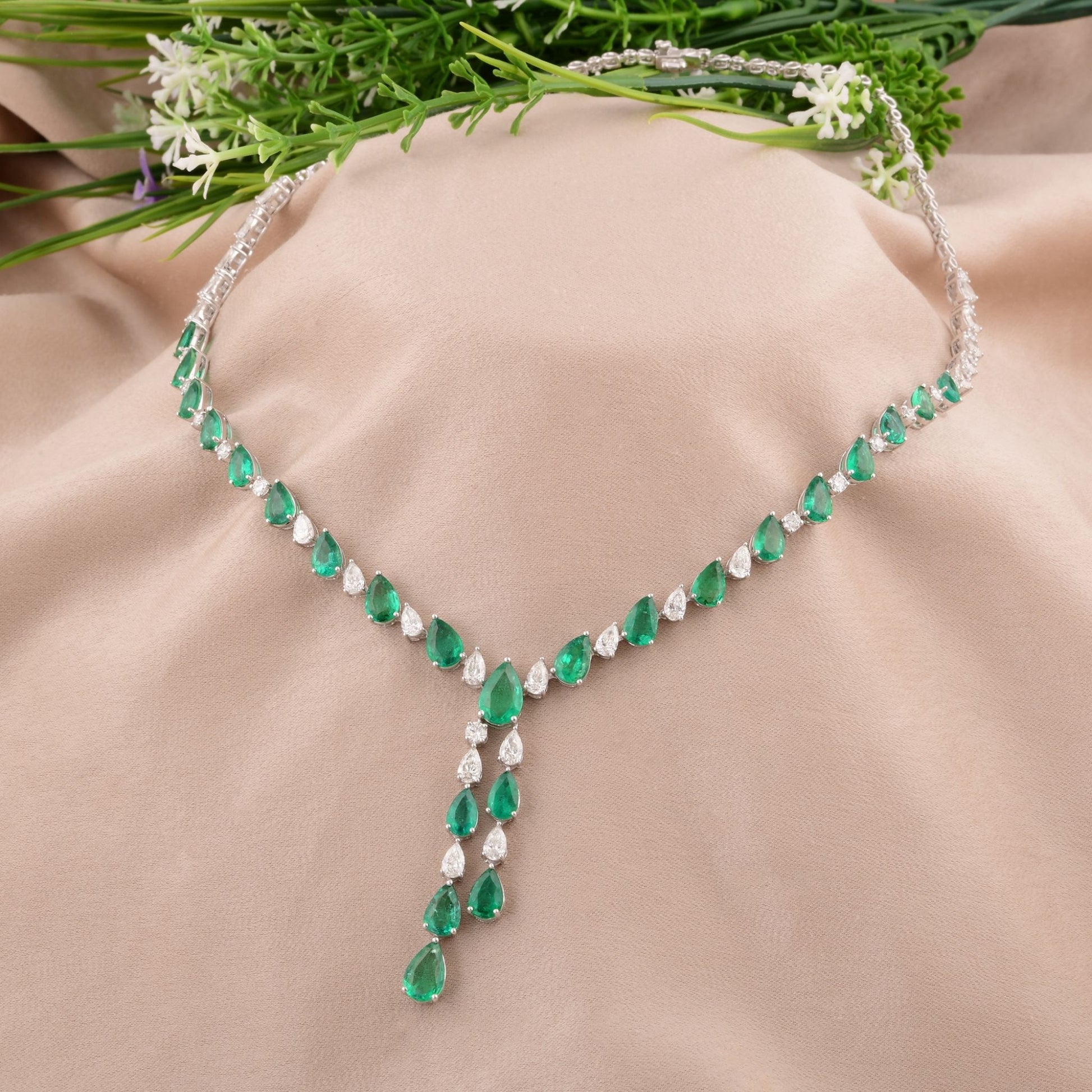 Fine Gold 17.91 Tcw Emerald Gemstone and Diamond Statement Necklace