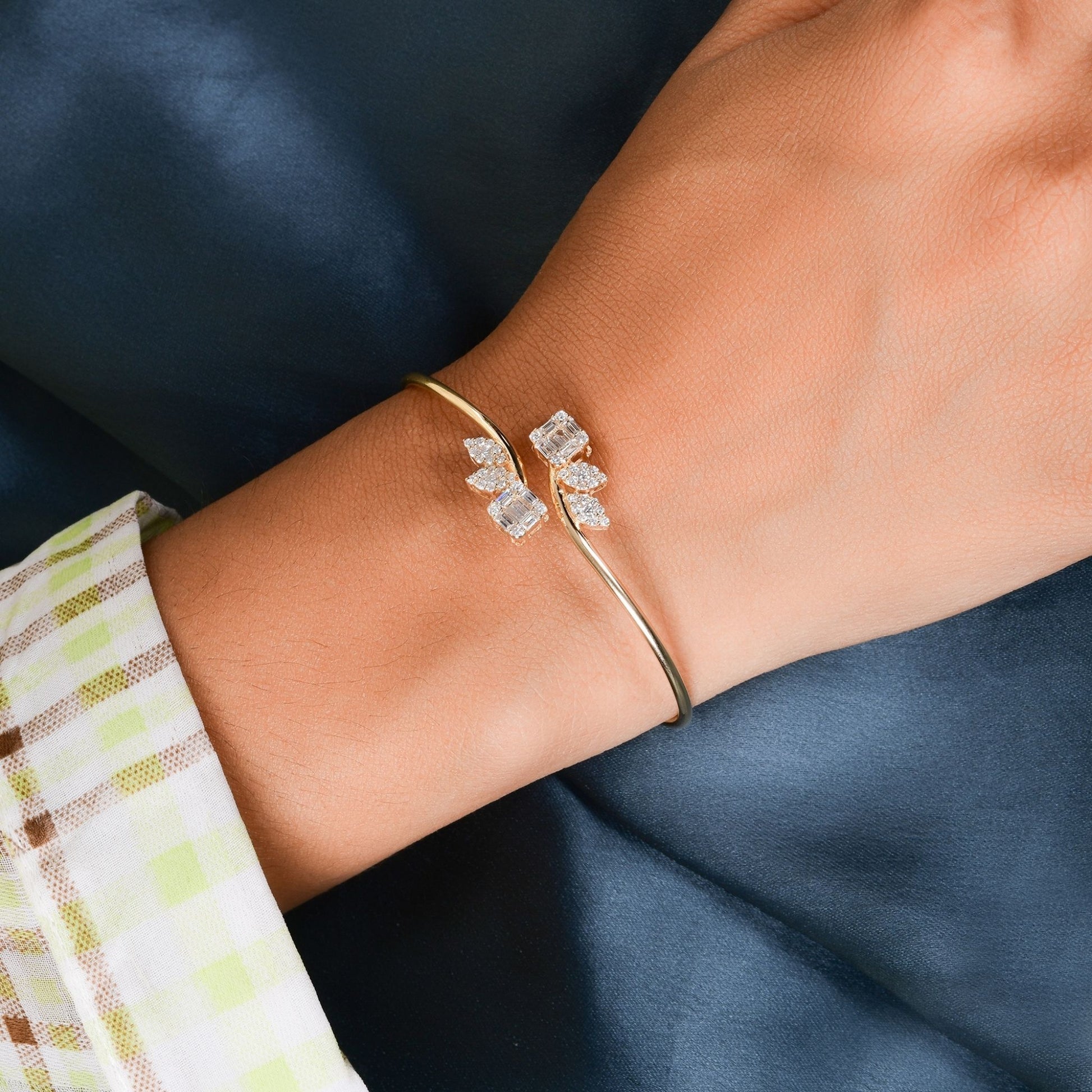 Minimalist Baguette & Round Cut Diamond Sleek Real Diamond Cuff Gold Bangle Bracelet