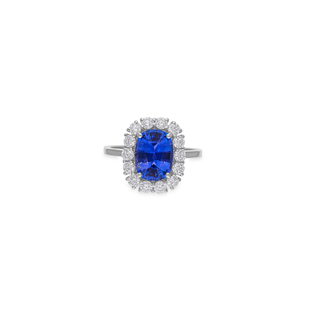 Genuine 3.15Ct. Unique Oval Cut Blue Sapphire Halo Diamond Engagement Gold Ring