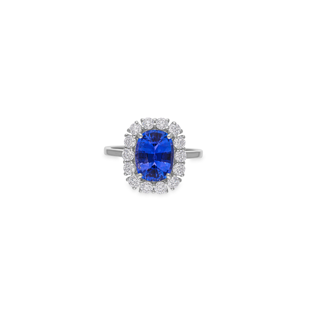 Genuine 3.15Ct. Unique Oval Cut Blue Sapphire Halo Diamond Engagement Gold Ring