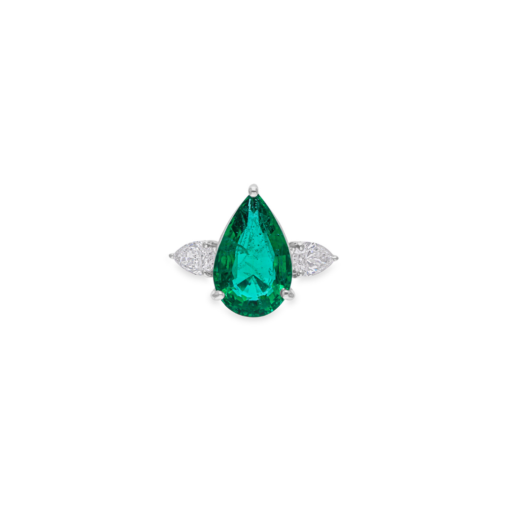 Three Stone Solid Gold Pear Cut 5.95Ct. Zambian Emerald Diamond Engagement Ring