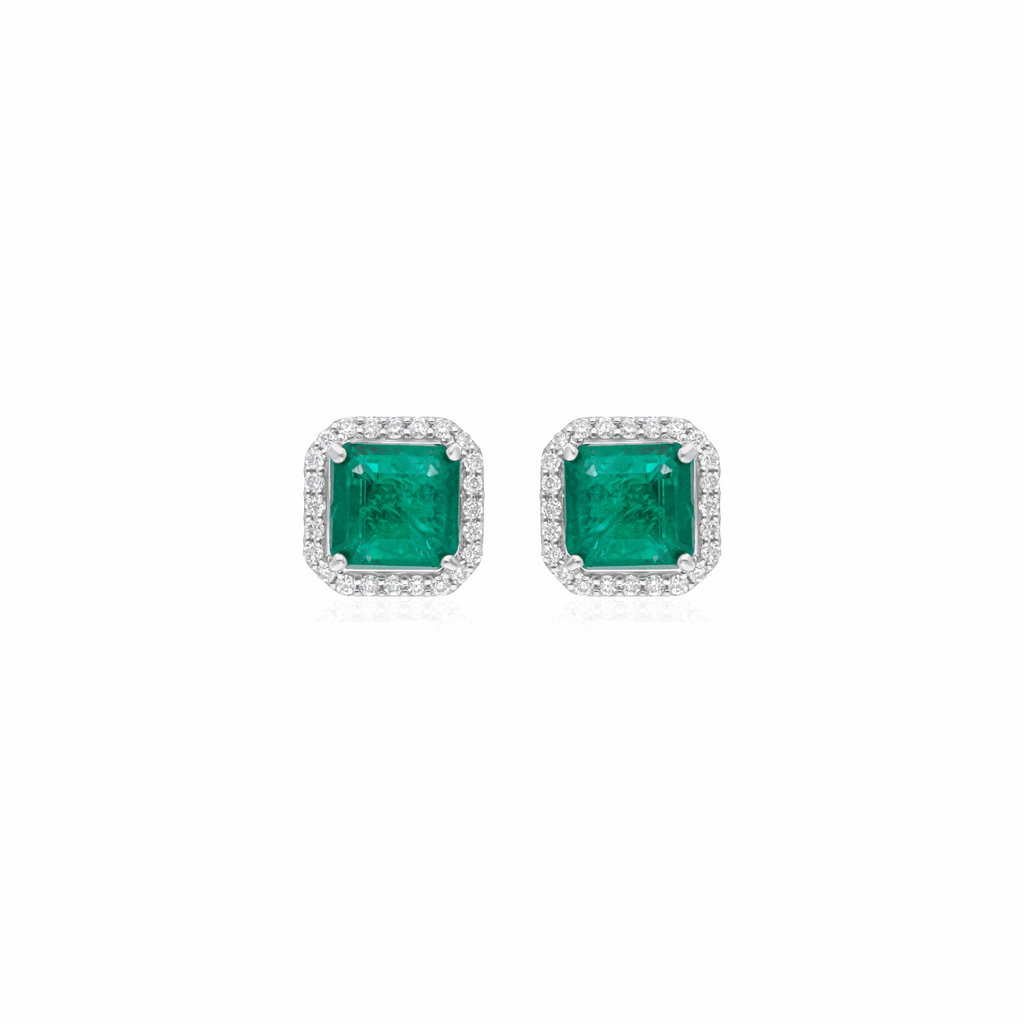 Zambian Emerald 2.13 Tcw Square Cut Natural Pave Diamond Stud Earrings