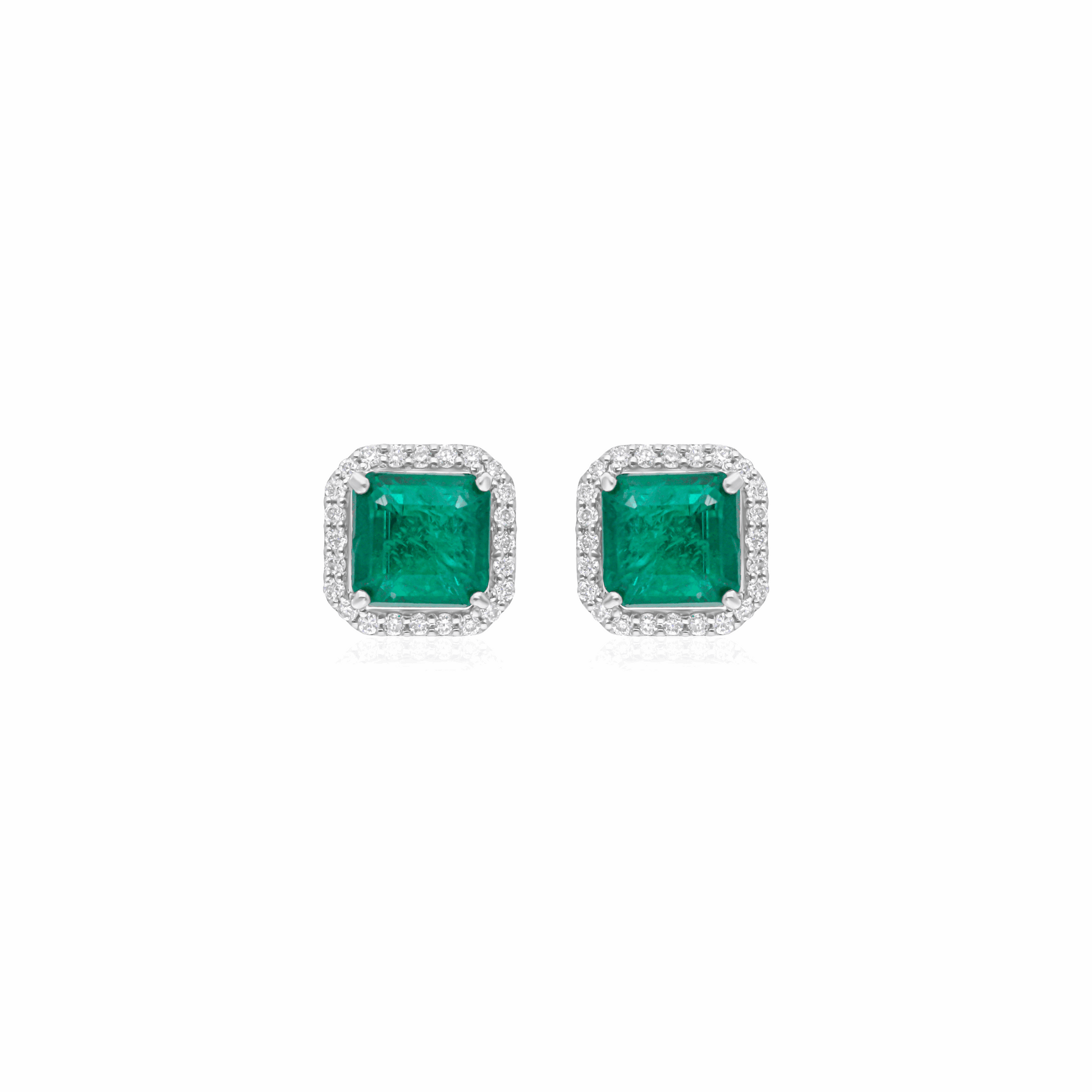 Zambian Emerald 2.13 Tcw Square Cut Natural Pave Diamond Stud Earrings