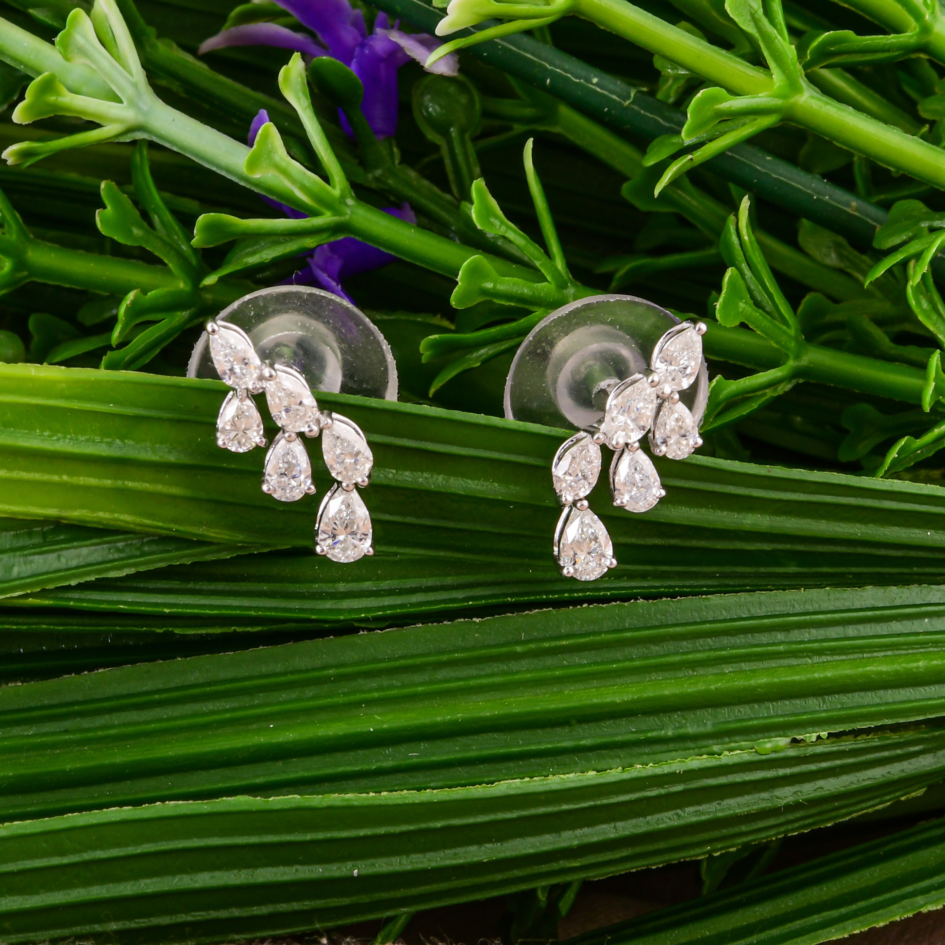 Handcrafted Natural Pear Diamond Cluster Stud Earrings in Fine Gold