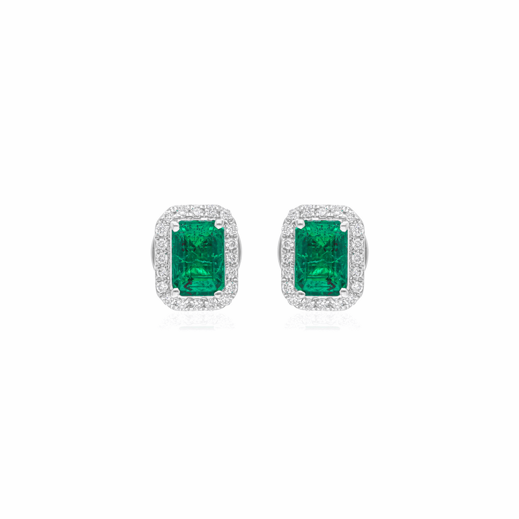 Emerald Cut Zambian Emerald & Diamond Halo Stud Earrings in 18k Fine Gold