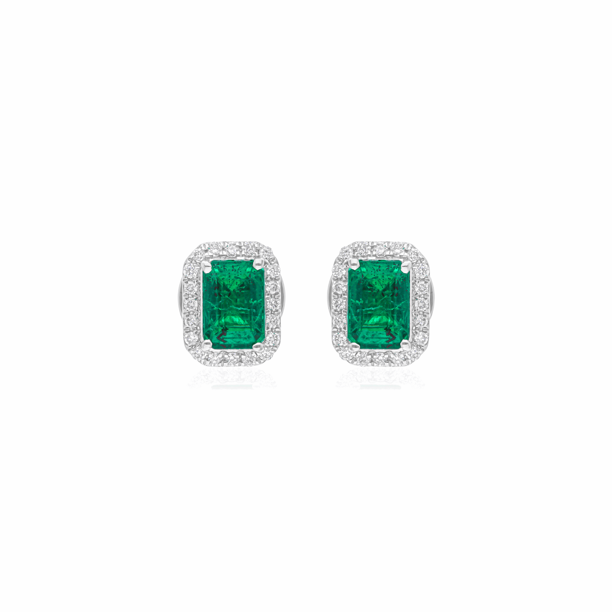 Emerald Cut Zambian Emerald & Diamond Halo Stud Earrings in 18k Fine Gold