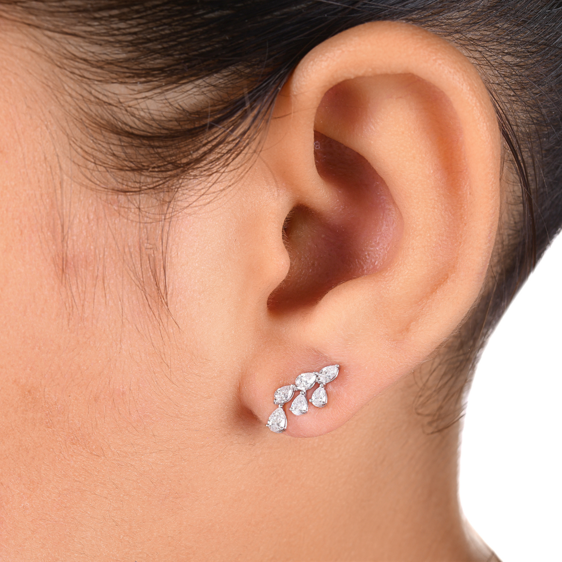 Handcrafted Natural Pear Diamond Cluster Stud Earrings in Fine Gold