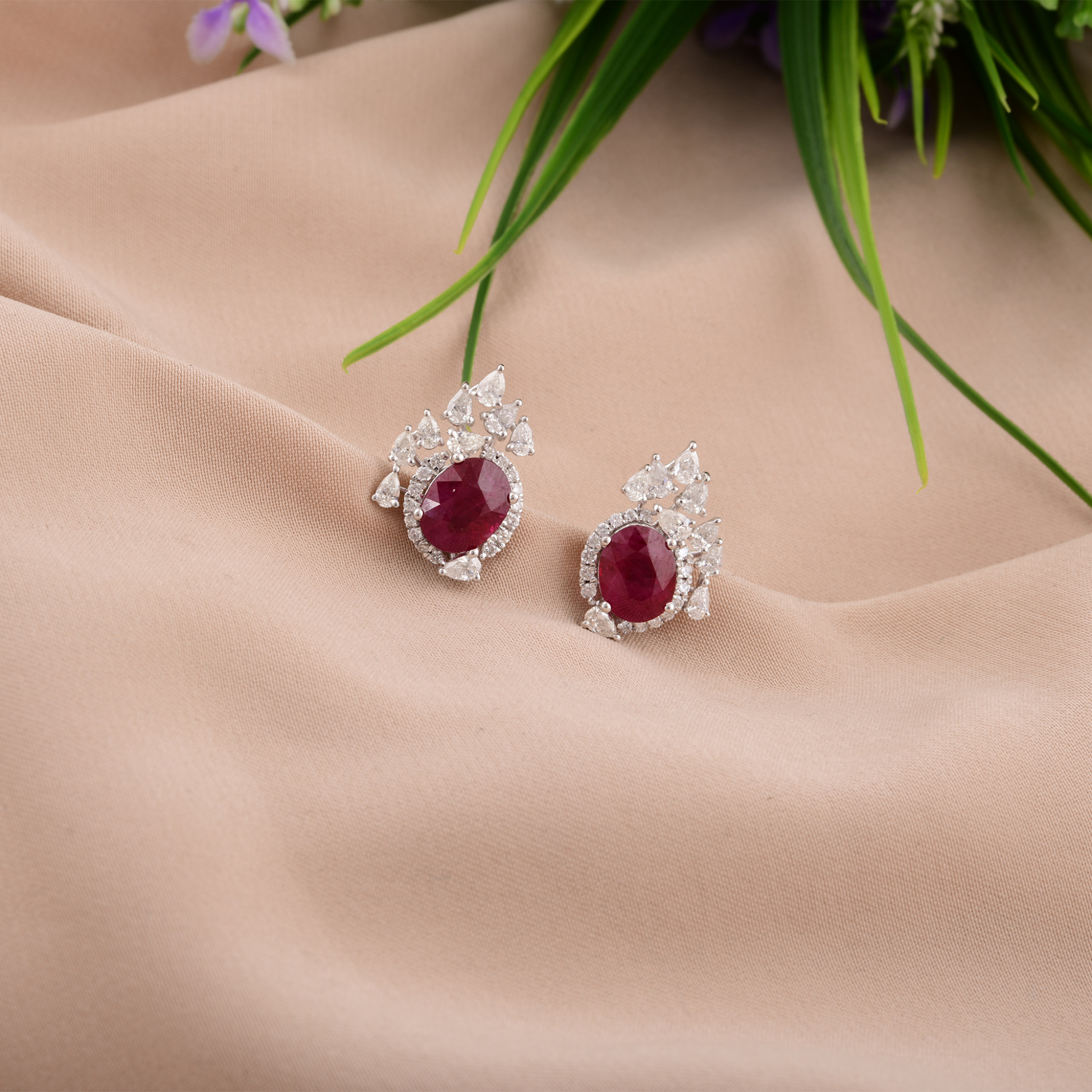 Statement Fine Gold 4.15Ct. Ruby & Halo Diamond Cluster Stud Earrings