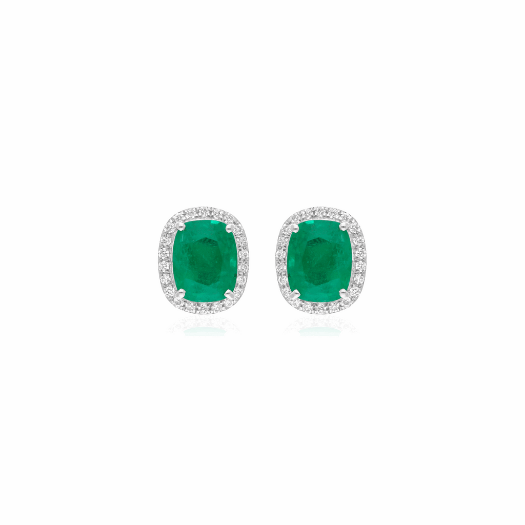 2.40 Tcw Natural H/SI Diamond Zambian Emerald Stud Earrings in 18k Gold