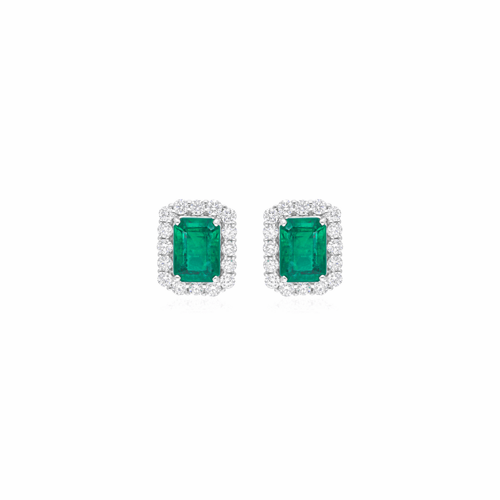 Statement Zambian Emerald & H/SI Diamond Halo Stud Earrings in 18k Gold