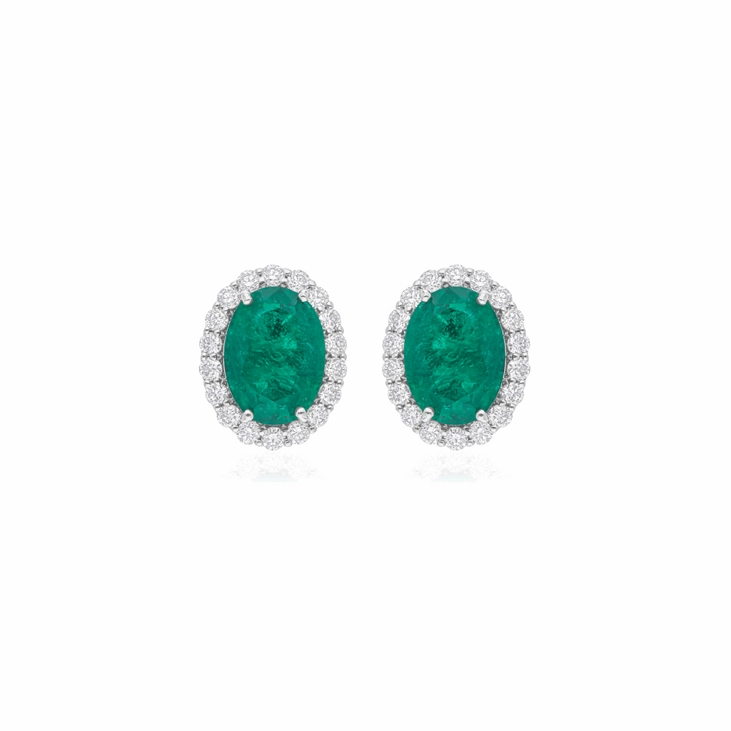Vintage Inspired Halo Zambian Emerald Diamond Oval Stud Earrings in 18k Gold