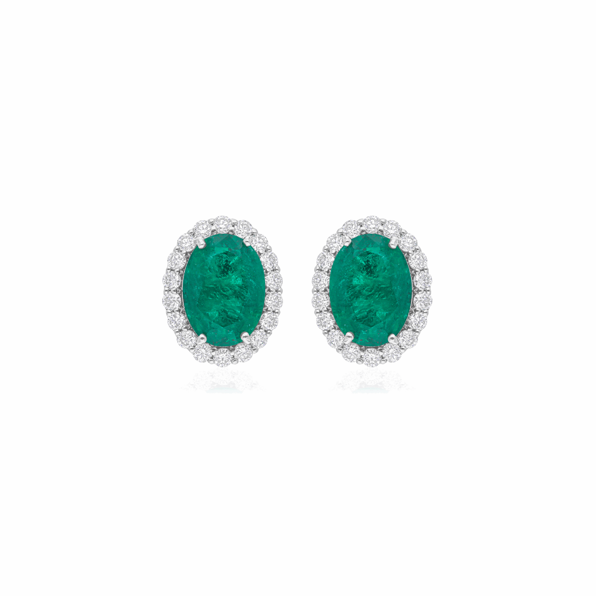 Vintage Inspired Halo Zambian Emerald Diamond Oval Stud Earrings in 18k Gold