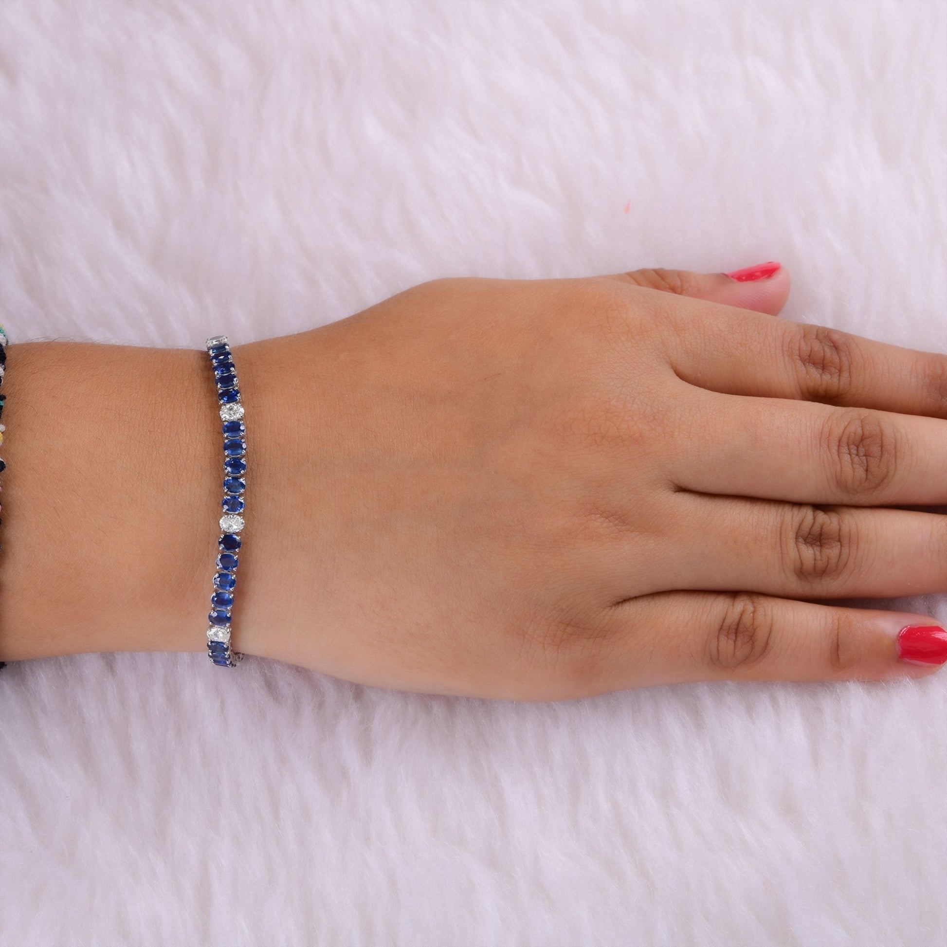 Blue Sapphire Gemstone Natural Diamond Tennis Bracelet