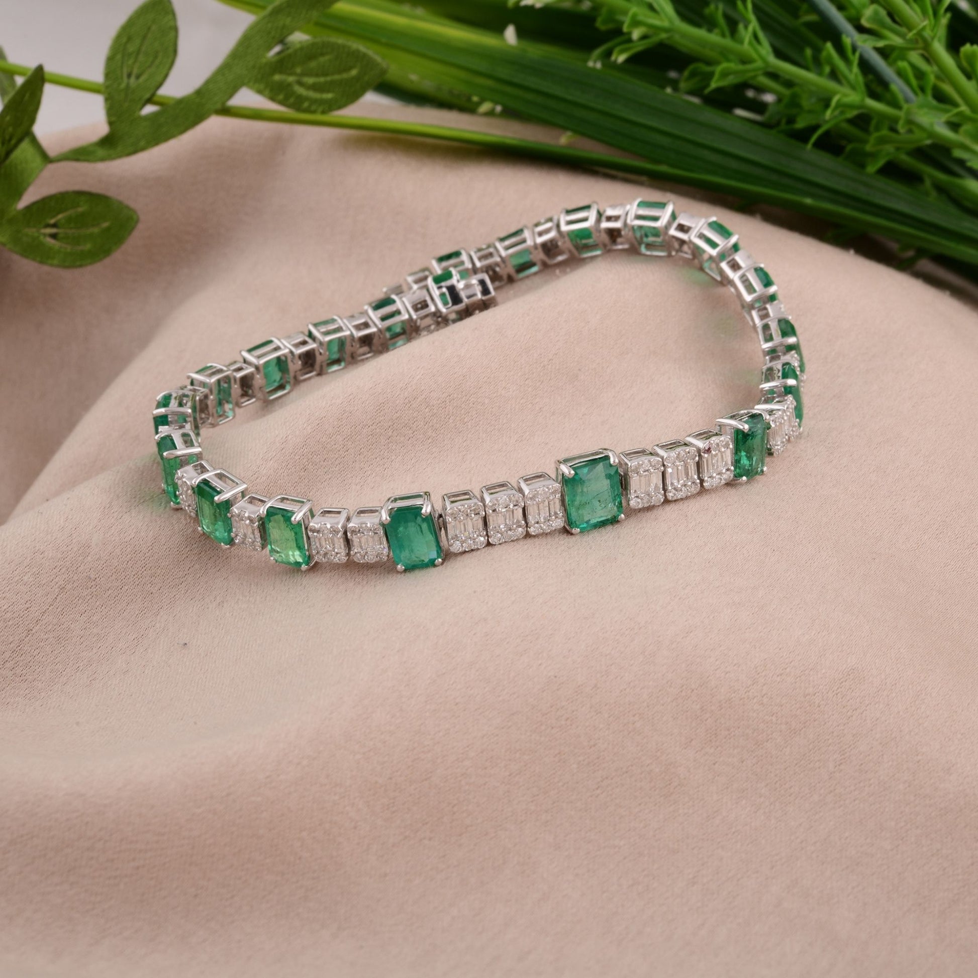 12.22 Tcw Zambian Emerald SI/HI Baguette Diamond Bracelet in Fine Gold