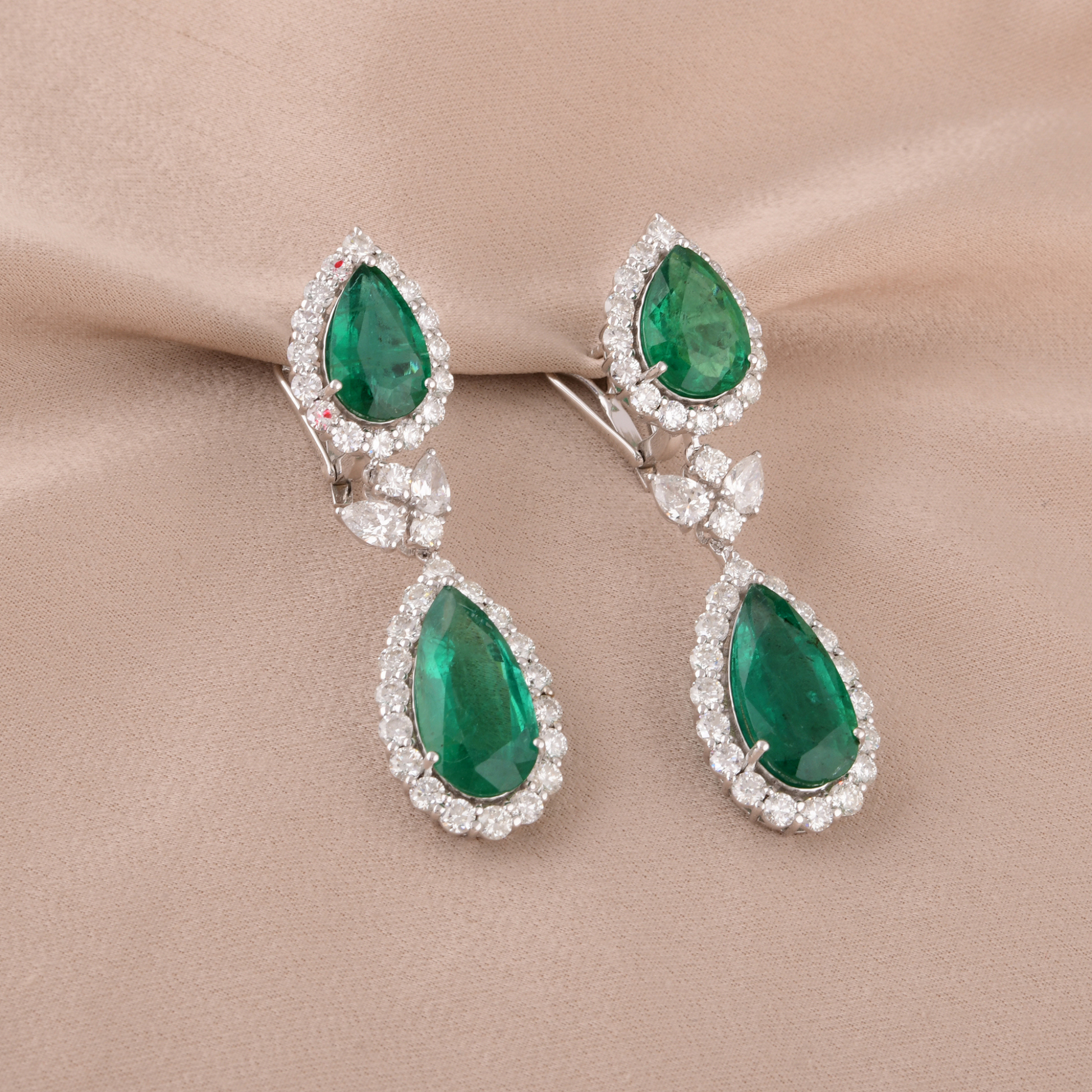 20.69 Tcw Zambian Emerald Natural H/SI Diamond Gold Dangle Earrings