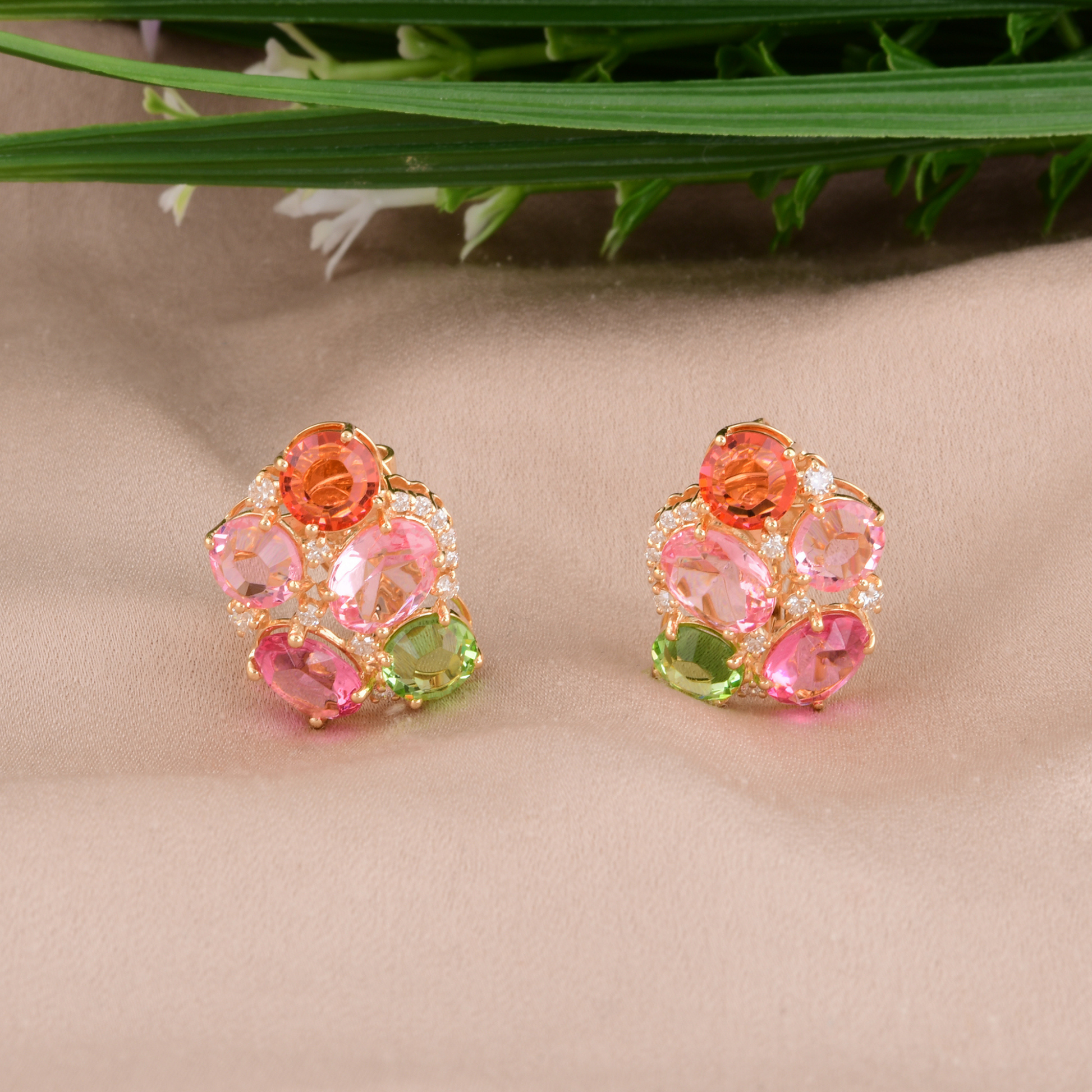 Gold 10.42Ct. Round & Oval Cut Multicolor Gemstone Cluster Stud Earrings