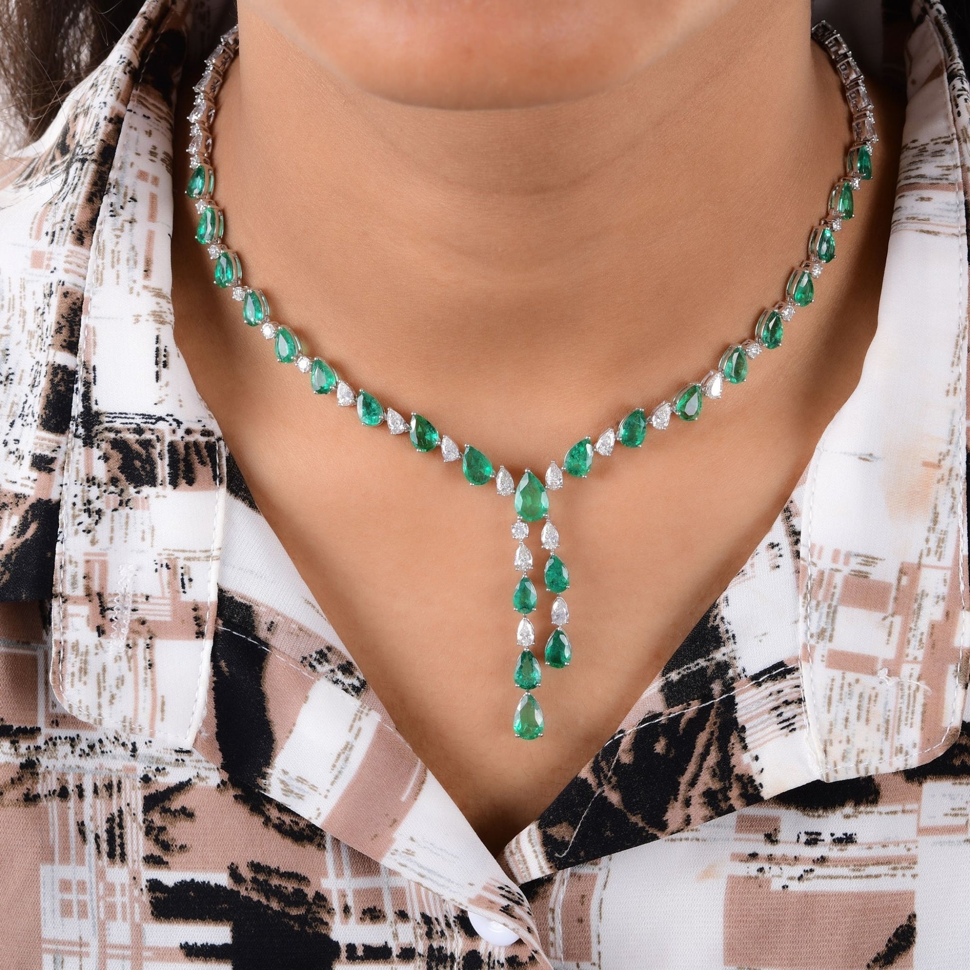 Fine Gold 17.91 Tcw Emerald Gemstone and Diamond Statement Necklace