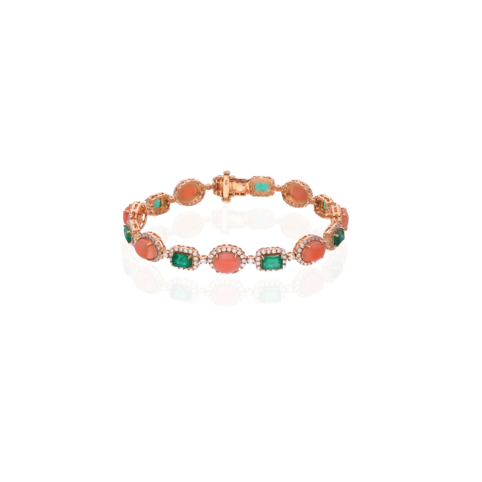 SI Clarity HI Color 14.08 Tcw Natural Coral Zambian Emerald Diamond Gold Bracelet