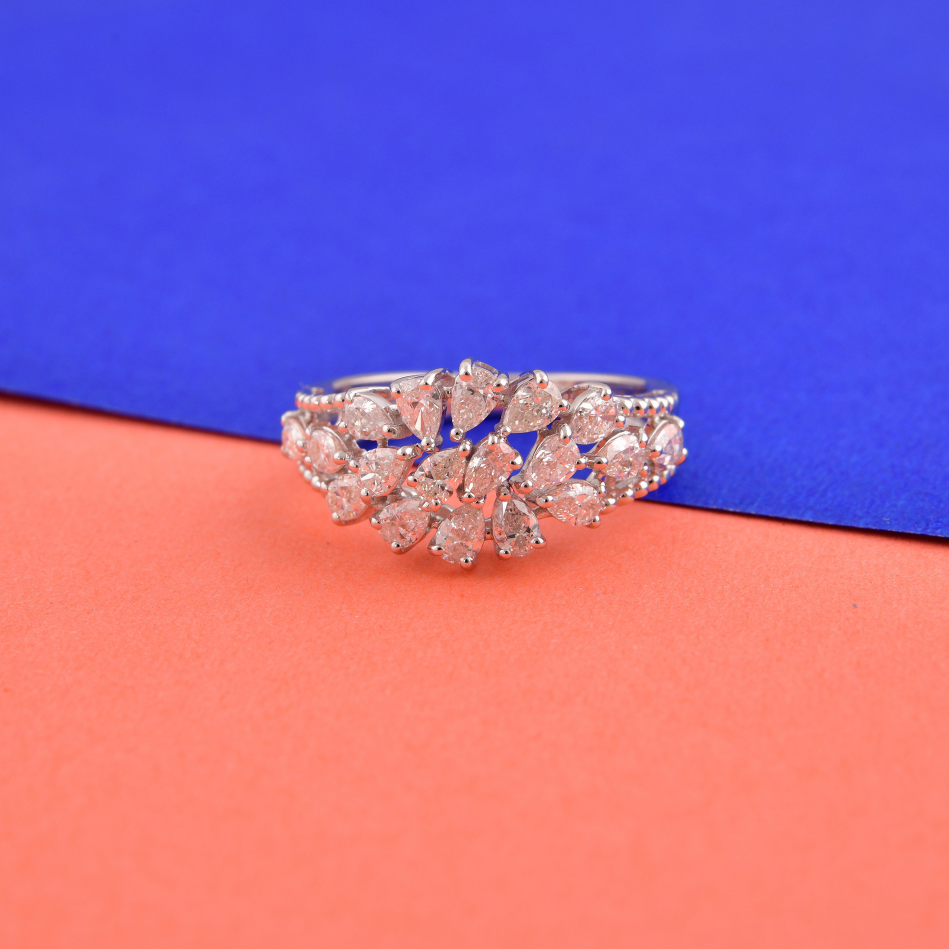 Unique Pear Cut Natural 1.18Ct Diamond Gold Leaf Cluster Ring
