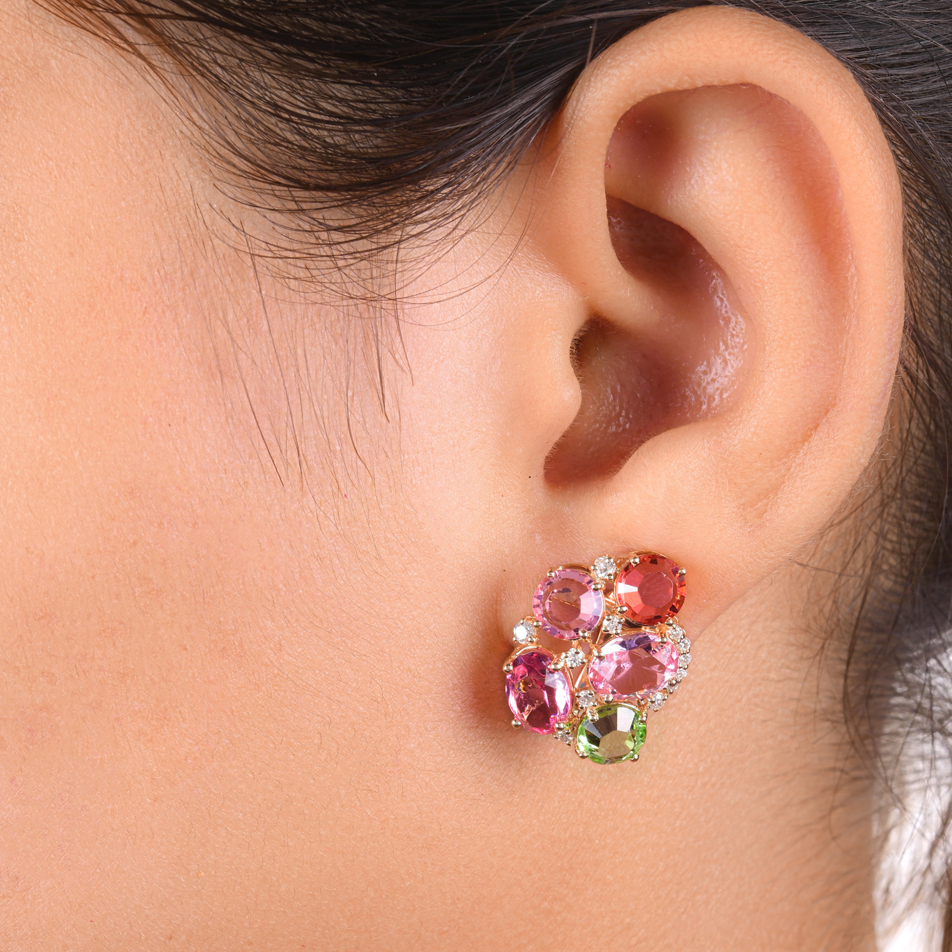 Gold 10.42Ct. Round & Oval Cut Multicolor Gemstone Cluster Stud Earrings
