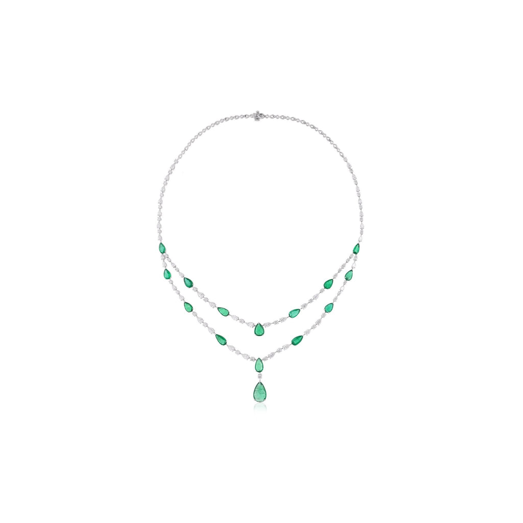 Handcrafted Zambian Emerald SI Clarity HI Color Gold Diamond Layered Necklace