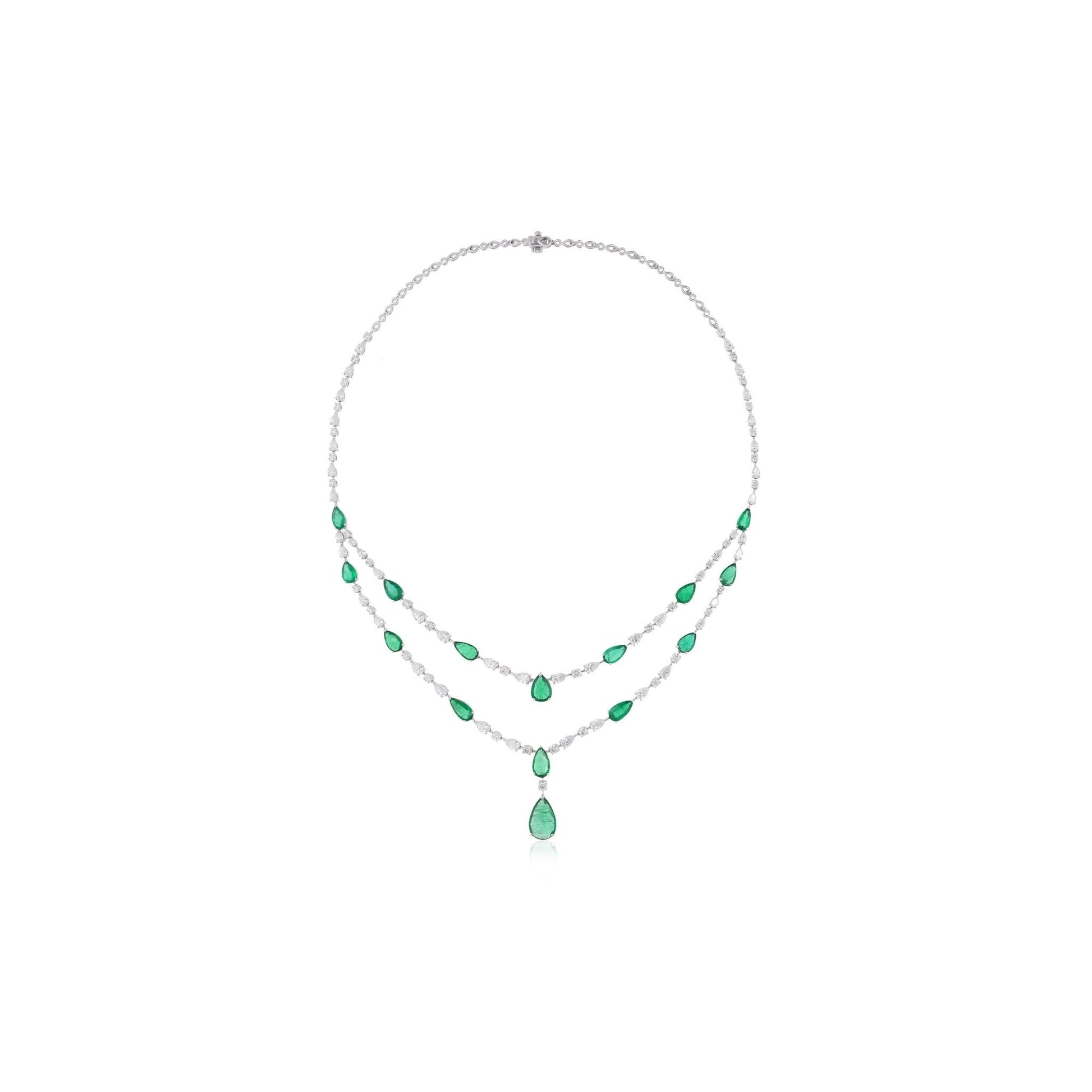 Handcrafted Zambian Emerald SI Clarity HI Color Gold Diamond Layered Necklace