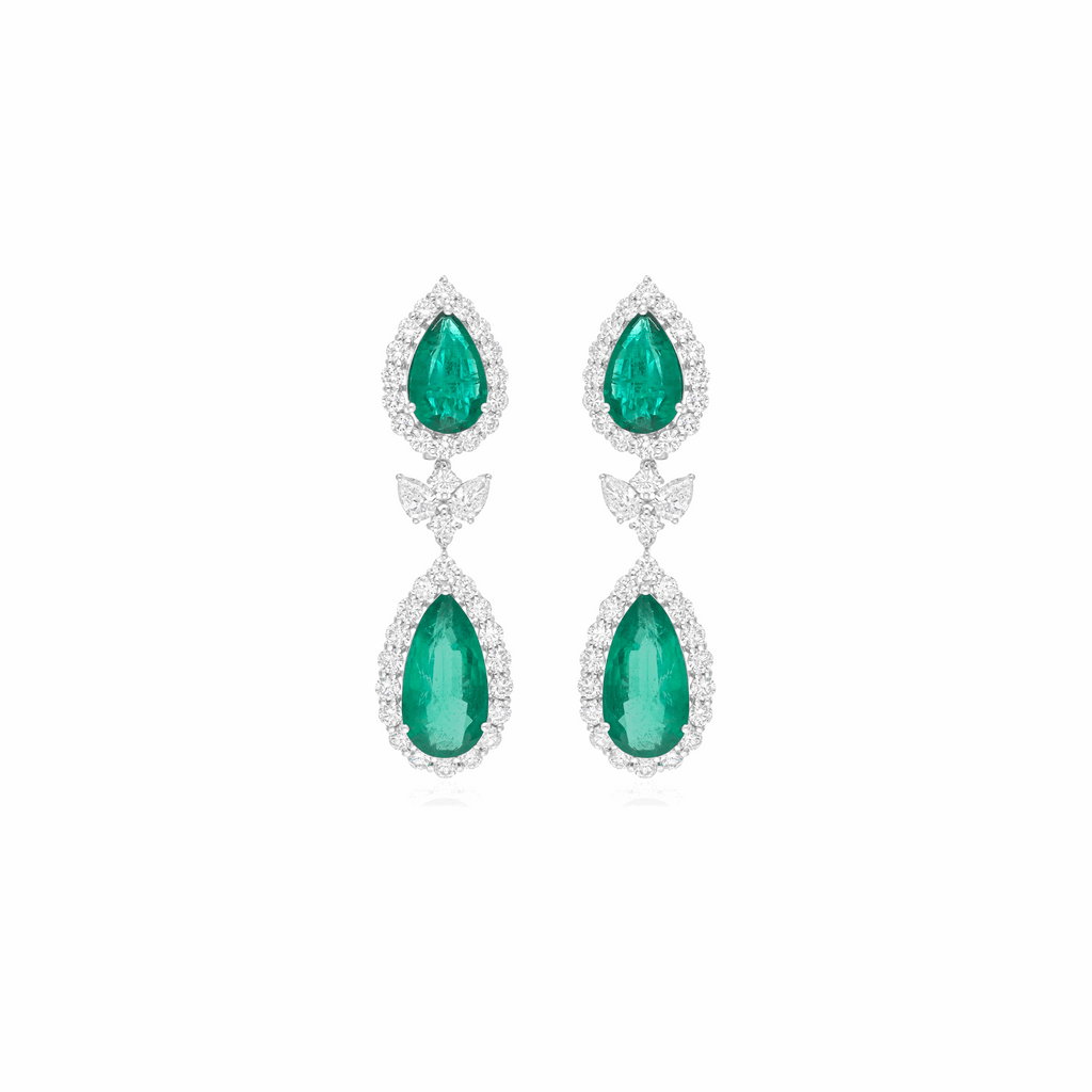 20.69 Tcw Zambian Emerald Natural H/SI Diamond 18k Gold Dangle Earrings