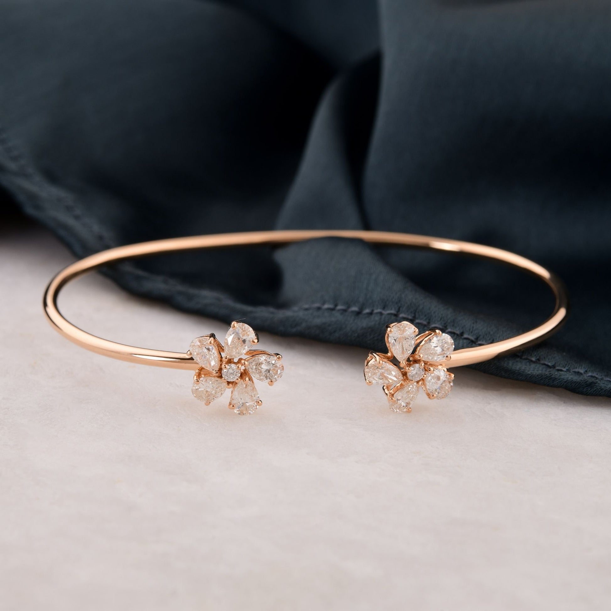 1.42Ct Pear & Round Cut Floral Natural Diamond Open Cuff Bangle Bracelet