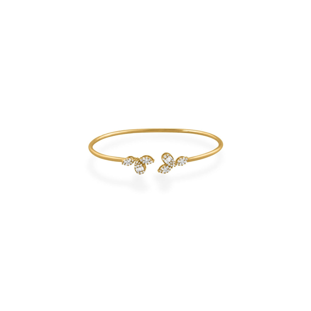 Minimalist Natural Round Diamond Open Cuff Leaf Motif Bangle Bracelet
