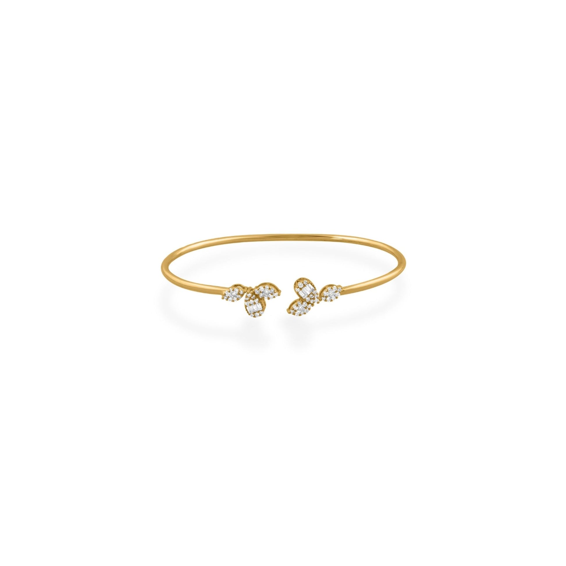 Minimalist Natural Round Diamond Open Cuff Leaf Motif Bangle Bracelet