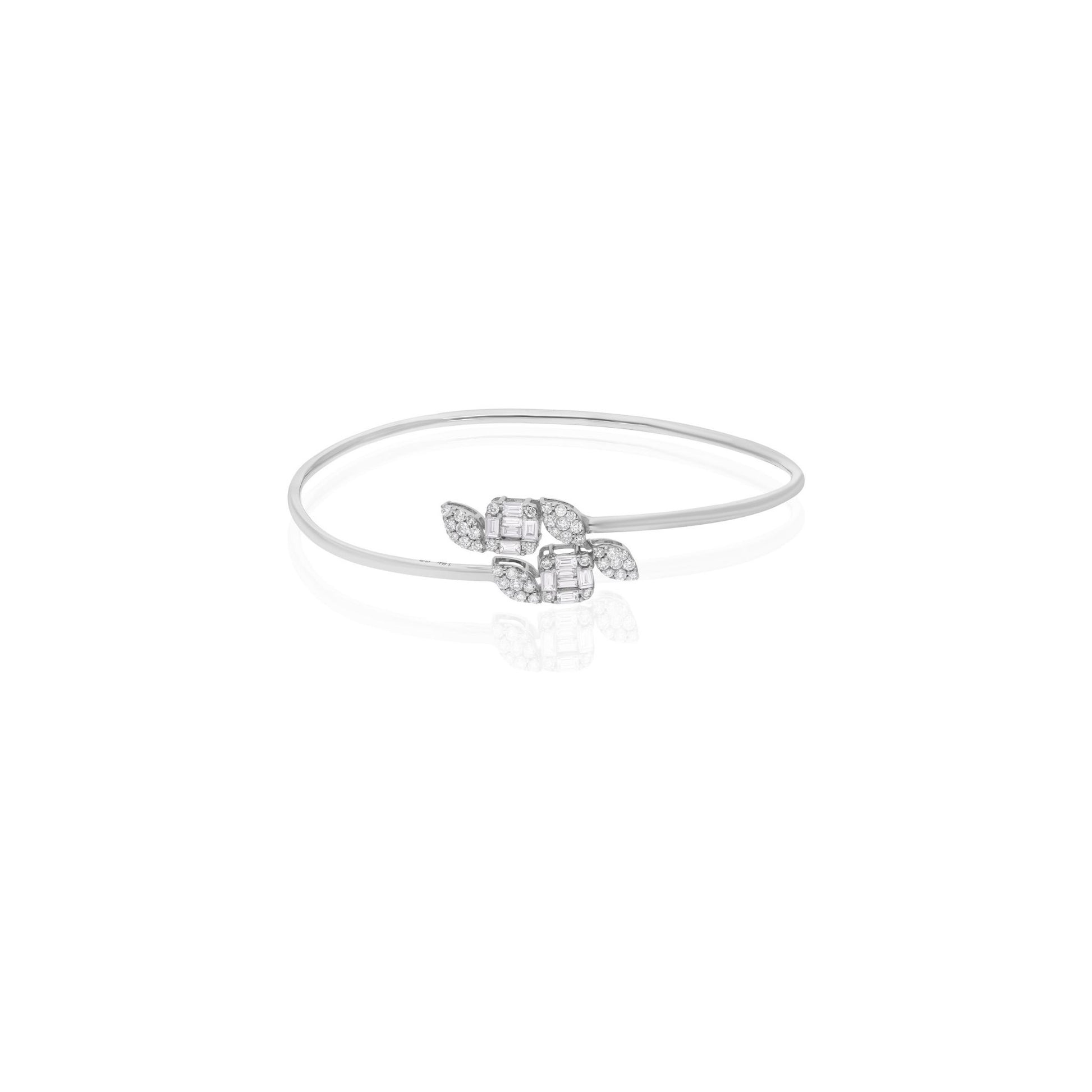Delicate Flower Natural Baguette Diamond Cuff Bangle Bracelet