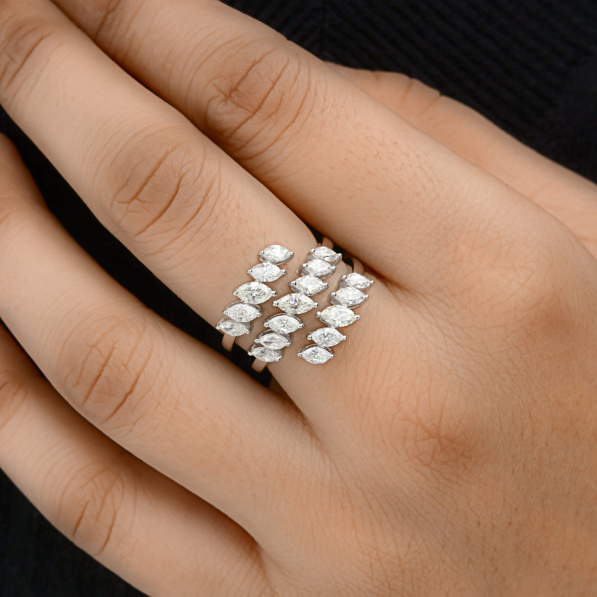 Art Deco Statement Natural SI/HI Marquise Diamond Cluster Gold Cuff Ring