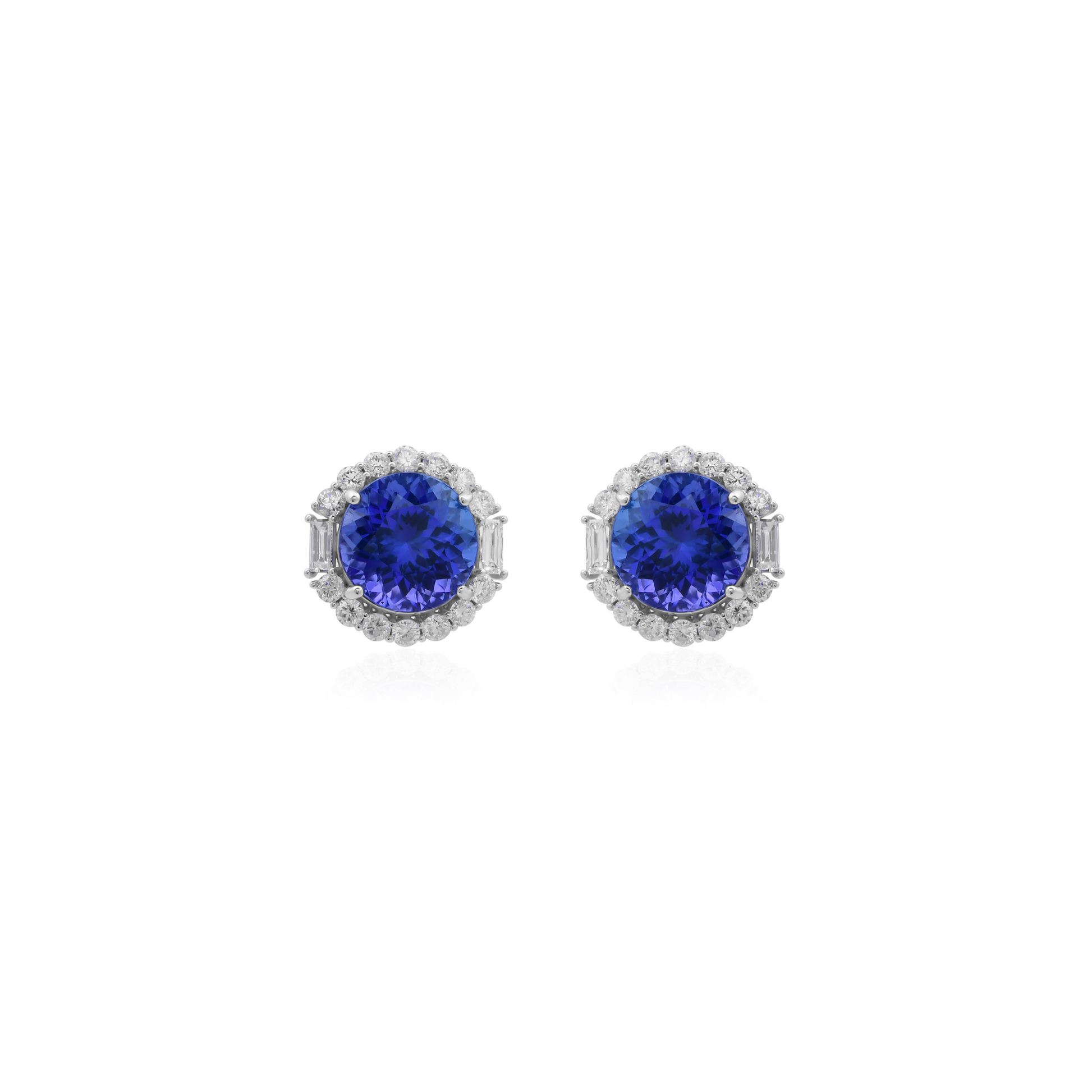 Solid Gold Minimalist Round Cut 10.63Ct Tanzanite & Natural Diamond Halo Stud Earrings