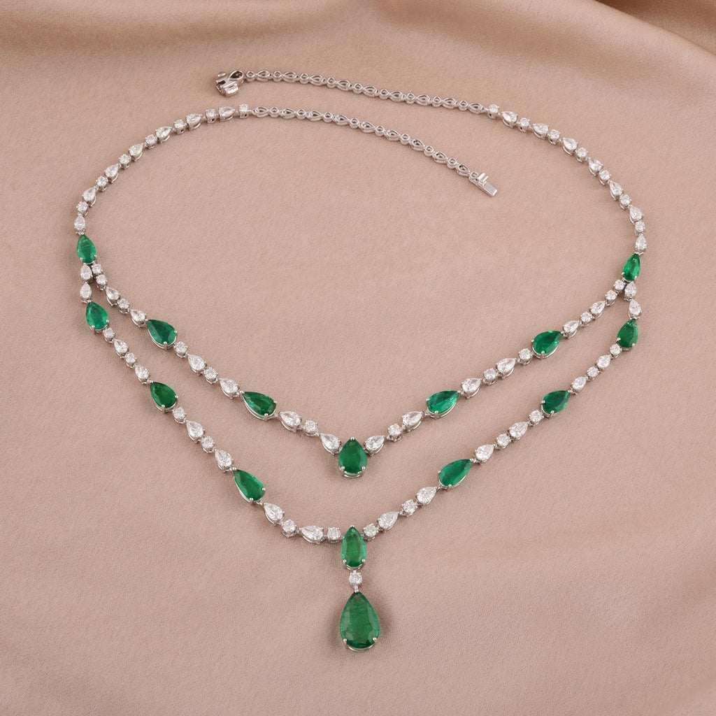 Handcrafted Zambian Emerald SI Clarity HI Color Gold Diamond Layered Necklace