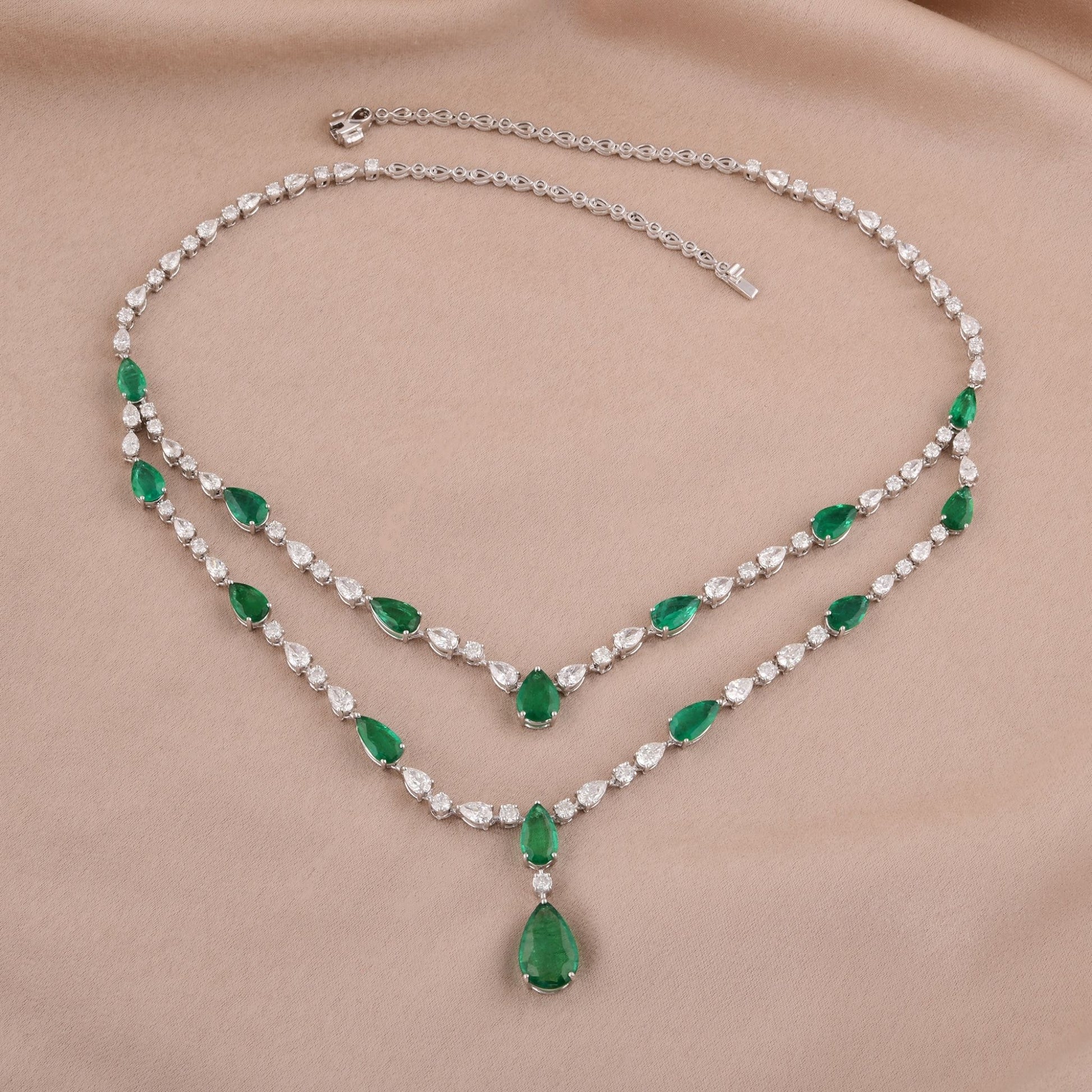 Handcrafted Zambian Emerald SI Clarity HI Color Gold Diamond Layered Necklace