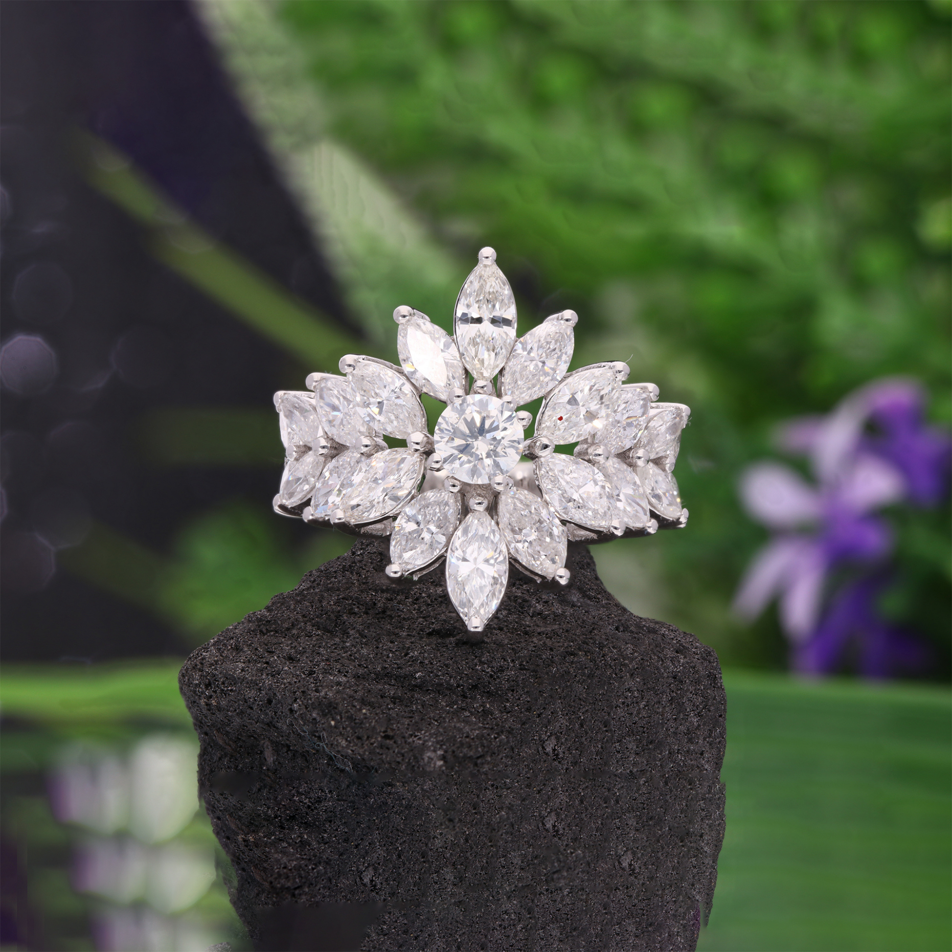4.23 Carat SI/H Marquise Round Cut Gold Natural Diamond Cluster Ring