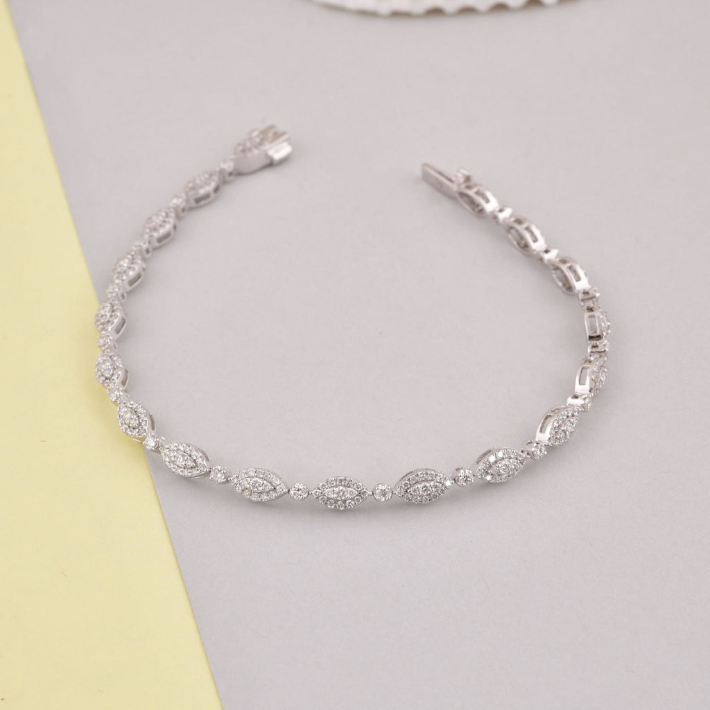 1.85 Carat Natural Round Pave Diamond Marquise Gold Charm Bracelet