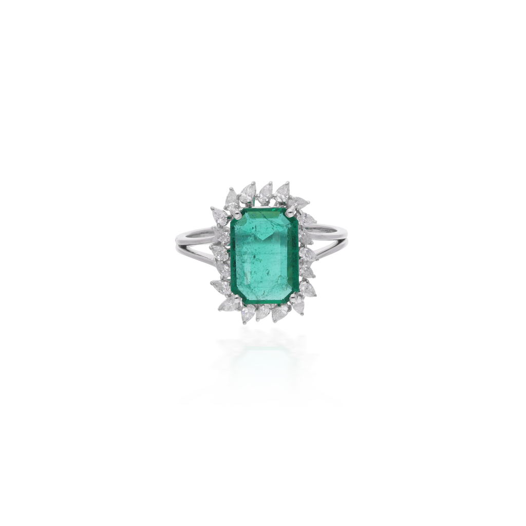 Statement 2.50 Ct Zambian Emerald Engagement Halo Gold Diamond Ring