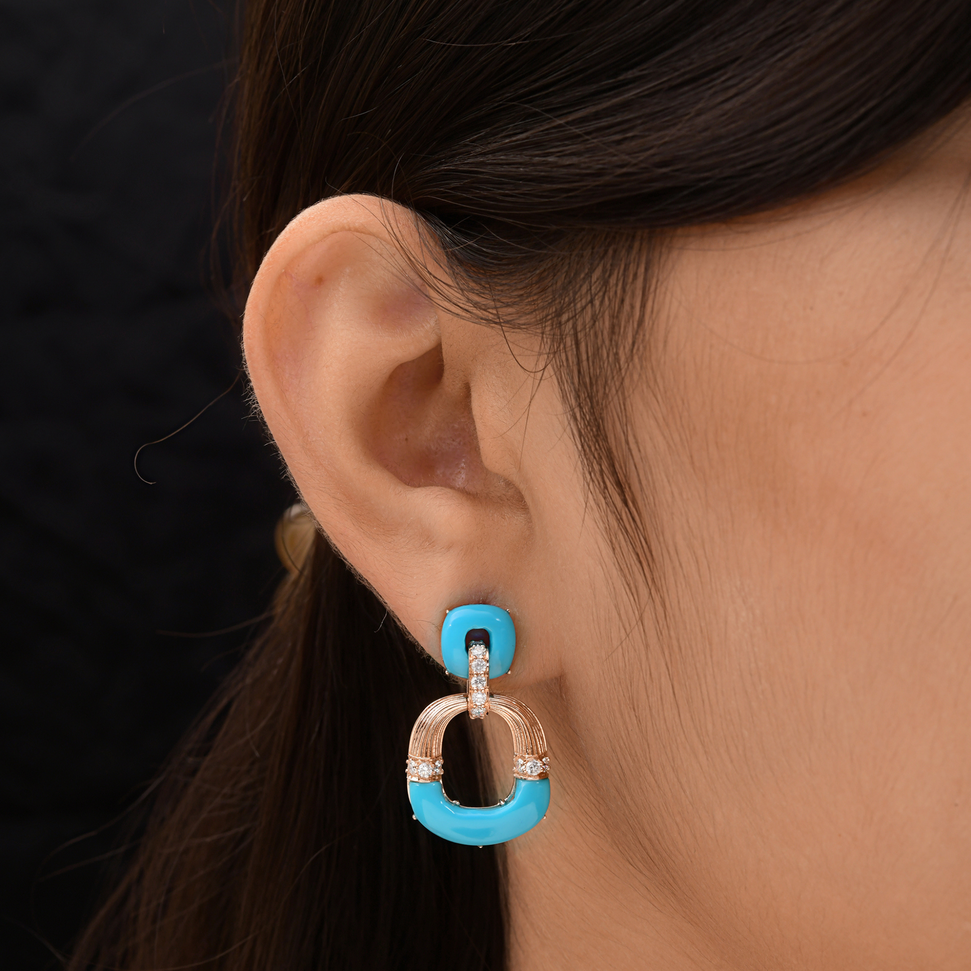 SI Clarity HI Color H/SI Round Diamond Blue Turquoise Gold Dangle Earrings
