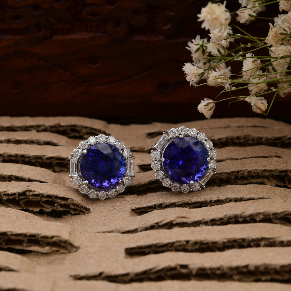Solid Gold Minimalist Round Cut 10.63Ct Tanzanite & Natural Diamond Halo Stud Earrings