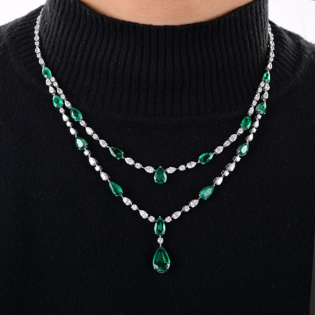 Handcrafted Zambian Emerald SI Clarity HI Color Gold Diamond Layered Necklace