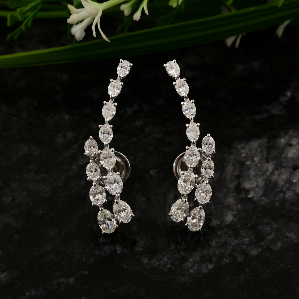 Natural SI/H Oval Cut Diamond Climber Solid Gold Earrings Jewelry