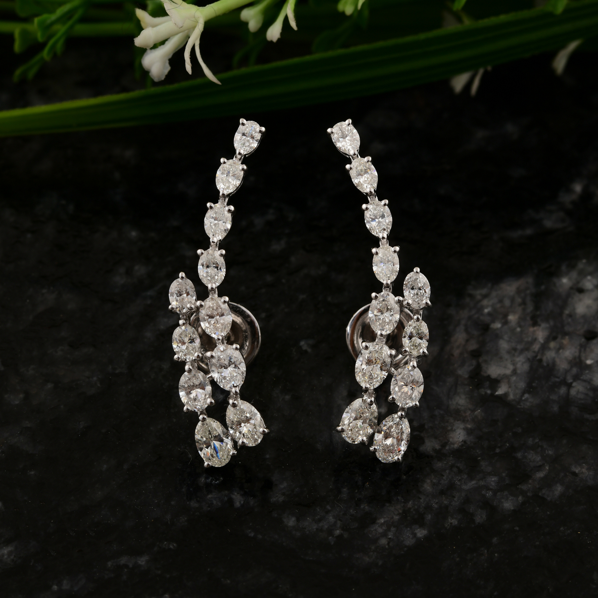 Natural SI/H Oval Cut Diamond Climber Solid Gold Earrings Jewelry