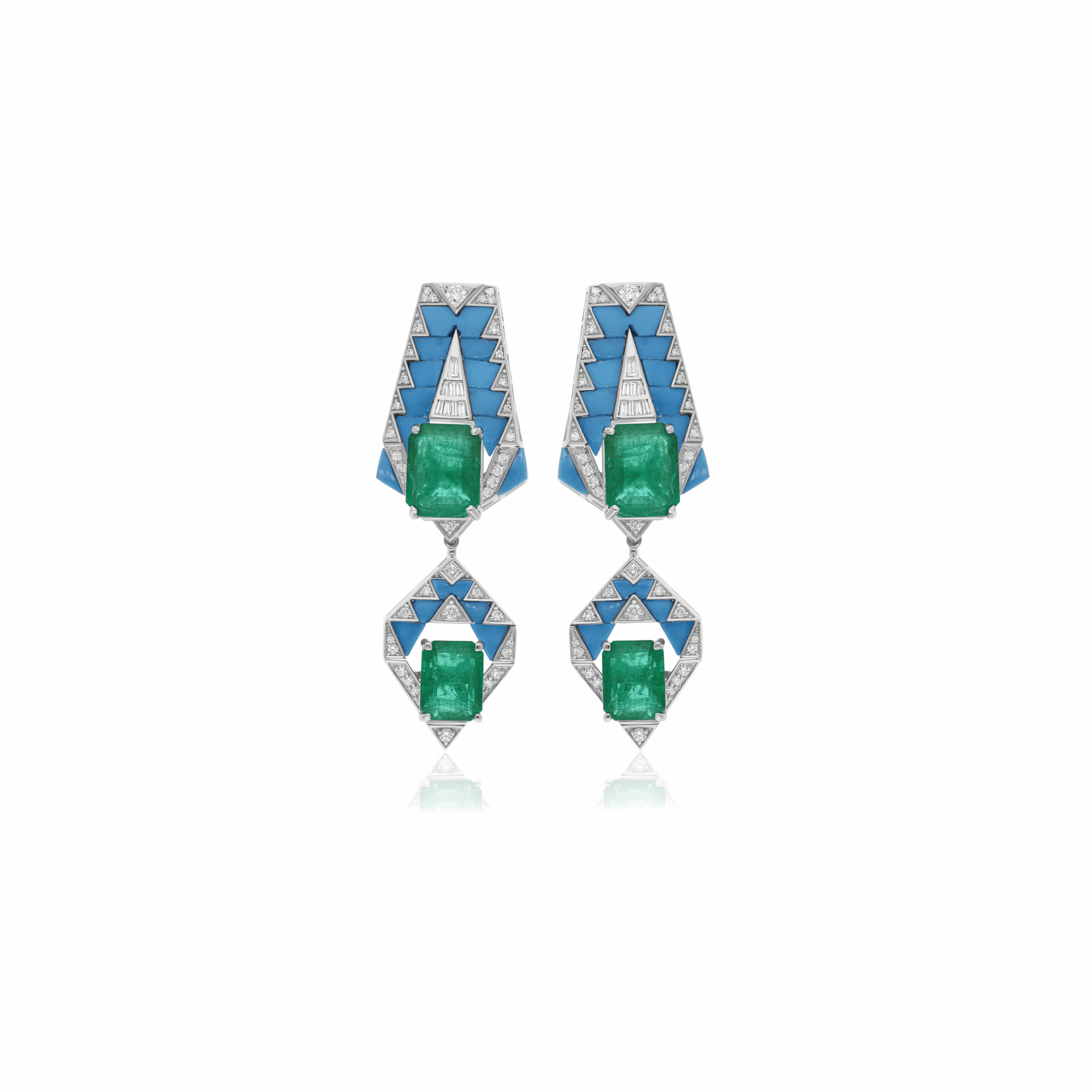 18k Gold Natural Diamond Emerald & Turquoise Art Deco Drop Dangle Earrings